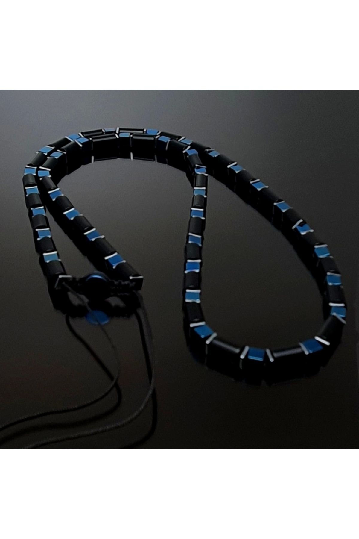 Seven Art Jewelry Doğal Taş Kolye, Mavi Küp Hematit ve Siyah Akik Kolye, Kadın Kolye, Erkek Kolye