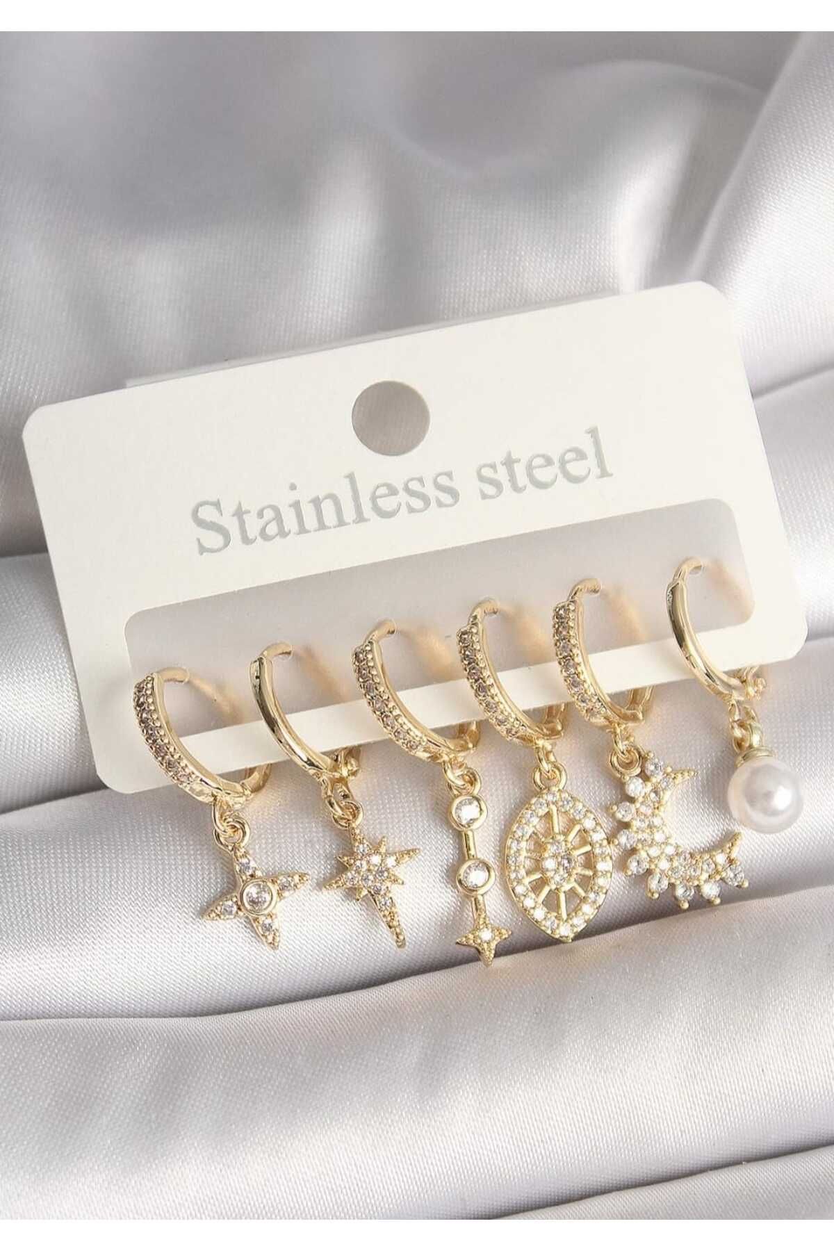 YDSACCESSORY Çelik Renk Atmaz Küpe Gold + Zirkon Taşlı / 316L