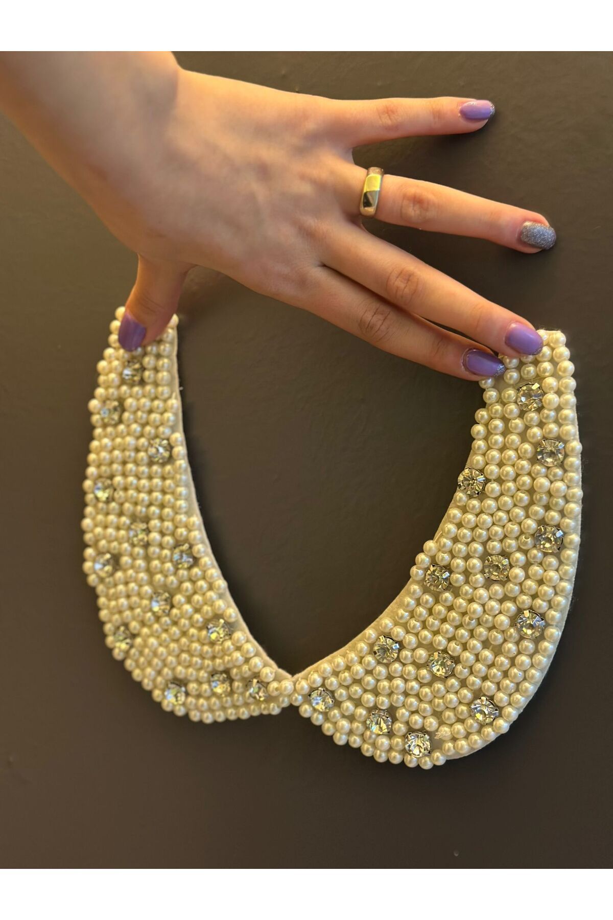 Gönülden Tasarım ZİRKON TAŞLI İNCİ BONCUKLU YAKA DİKİŞ APLİKE 18X7 CM