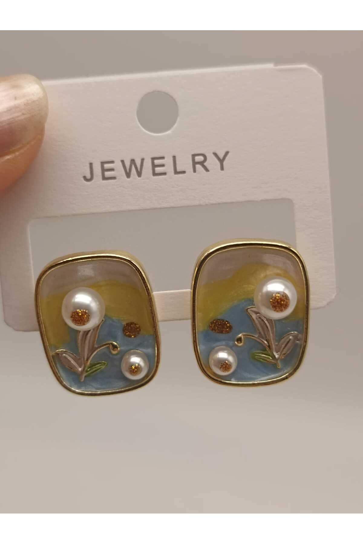 TLSMACCESORIES ÇELİK KÜPE SARI MAVİ ÇİÇEK FİGÜR