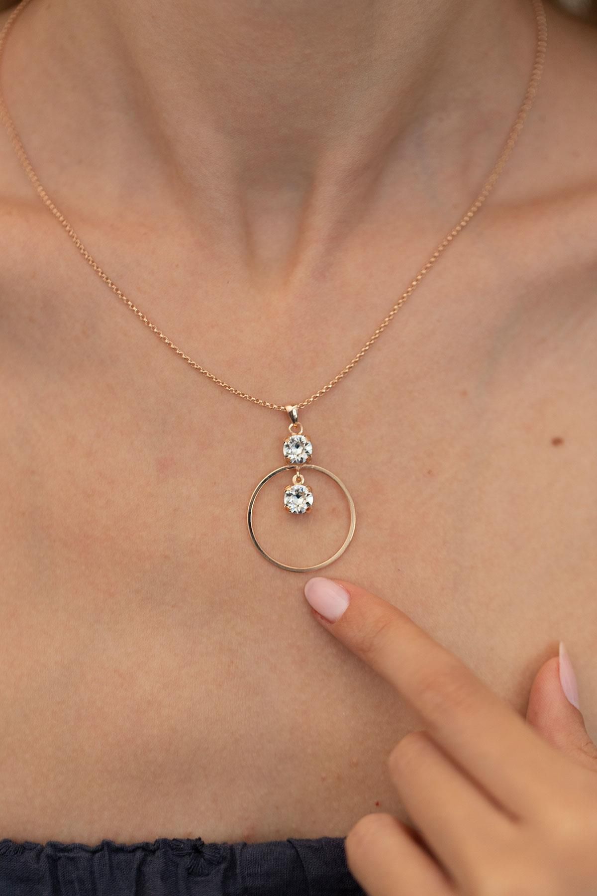 Ninova Silver Halka İki Taşlı Model Rose Kaplama Gümüş Crystal Kolye
