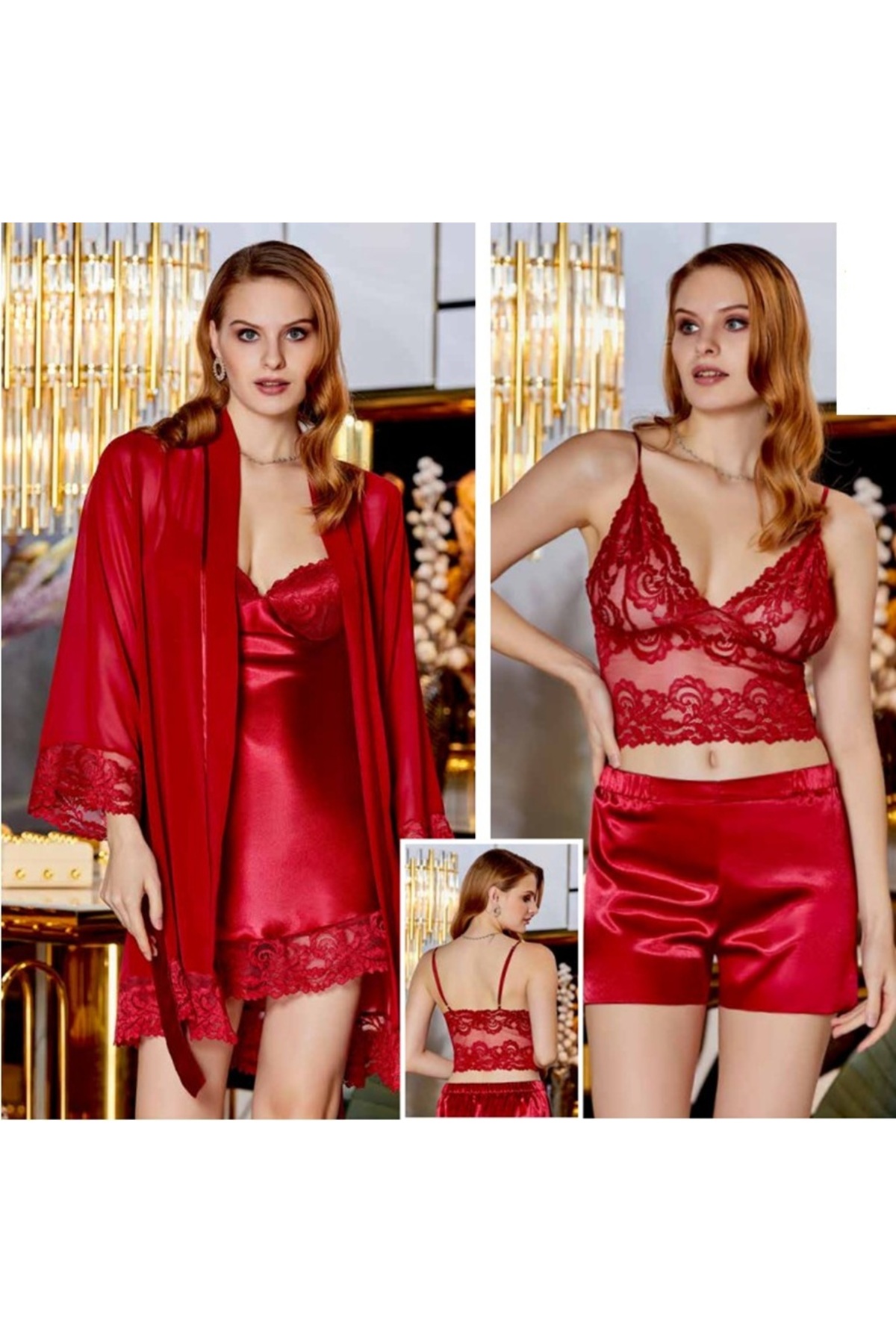 pierre İpek Saten 4'lü Gecelik&Sabahlık Büstiyerli Şort Takım 4020 BORDO,SİYAH.VİZON