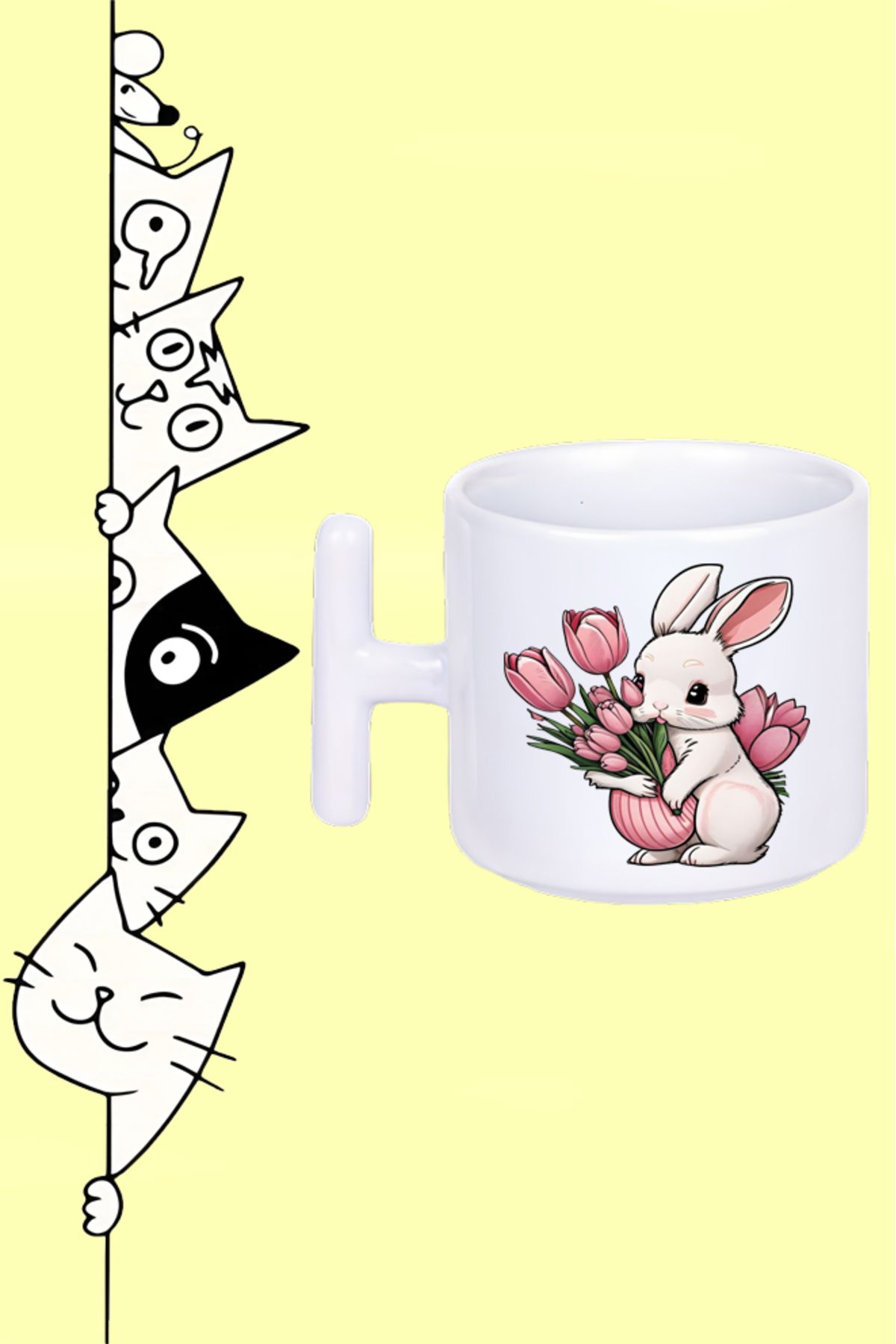 Olympus plus PINK RABBIT SEVİMLİ PEMBE TAVŞAN TASARIM BASKILI BEYAZ T SAP KUPA BARDAK