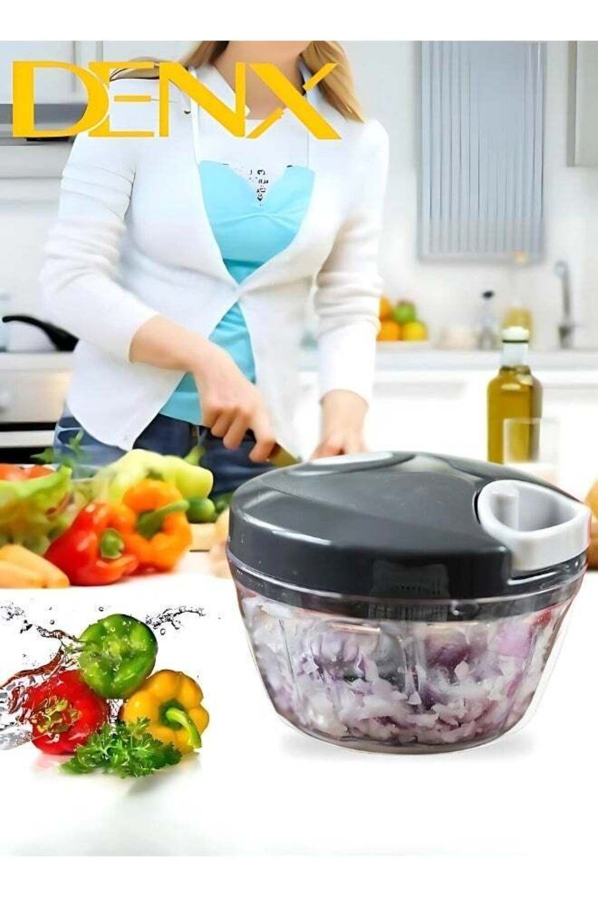 Denx-مفرمة طعام يدوية وقاطعة مع سلك سحب لتقطيع البصل والثوم والخضروات. 5