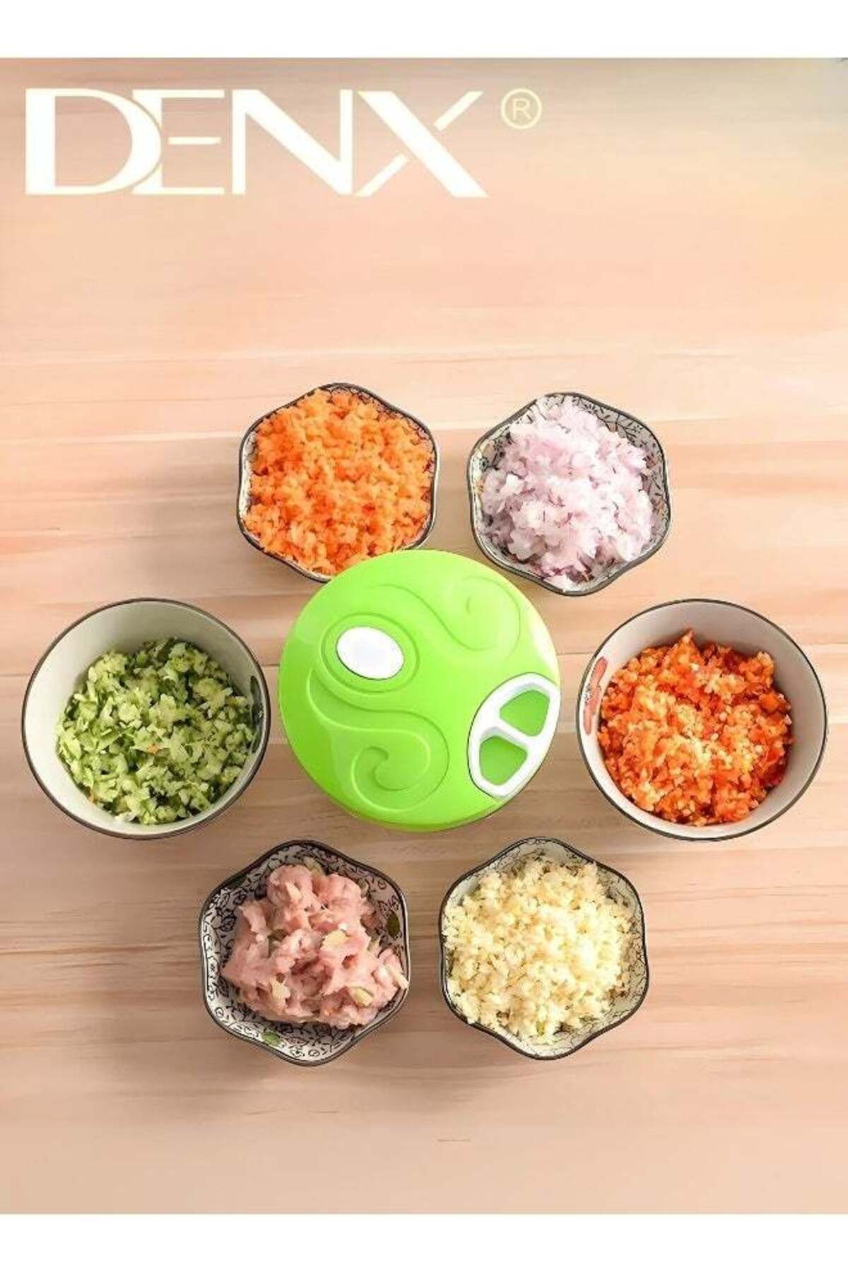 Denx-Manual Food Chopper And Cutter With A Pull Cord For Chopping Onions, Garlic, And Vegetables, Green 3