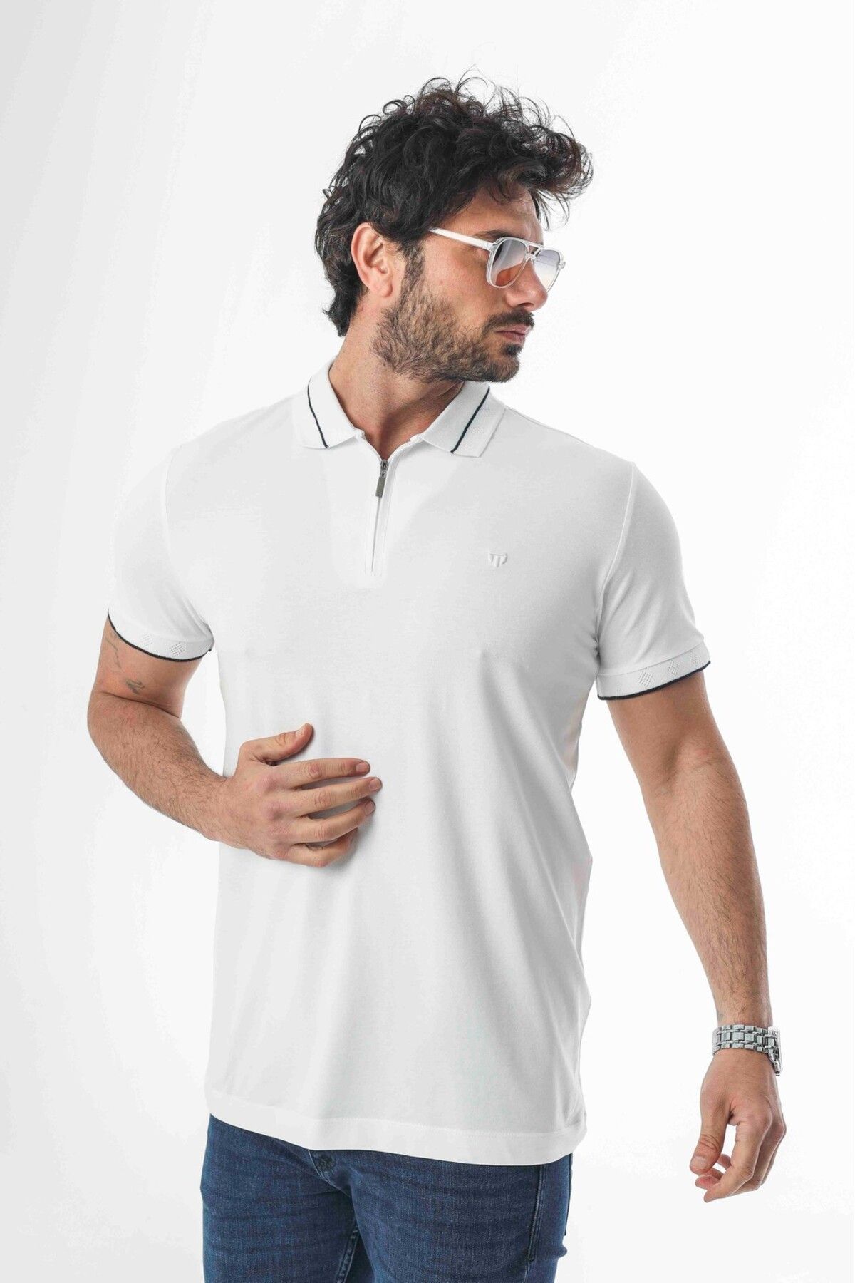 Tony Montana Polo Yaka Yarım Fermuarlı Nakış Armalı Pamuk T-Shirt-PL-3618