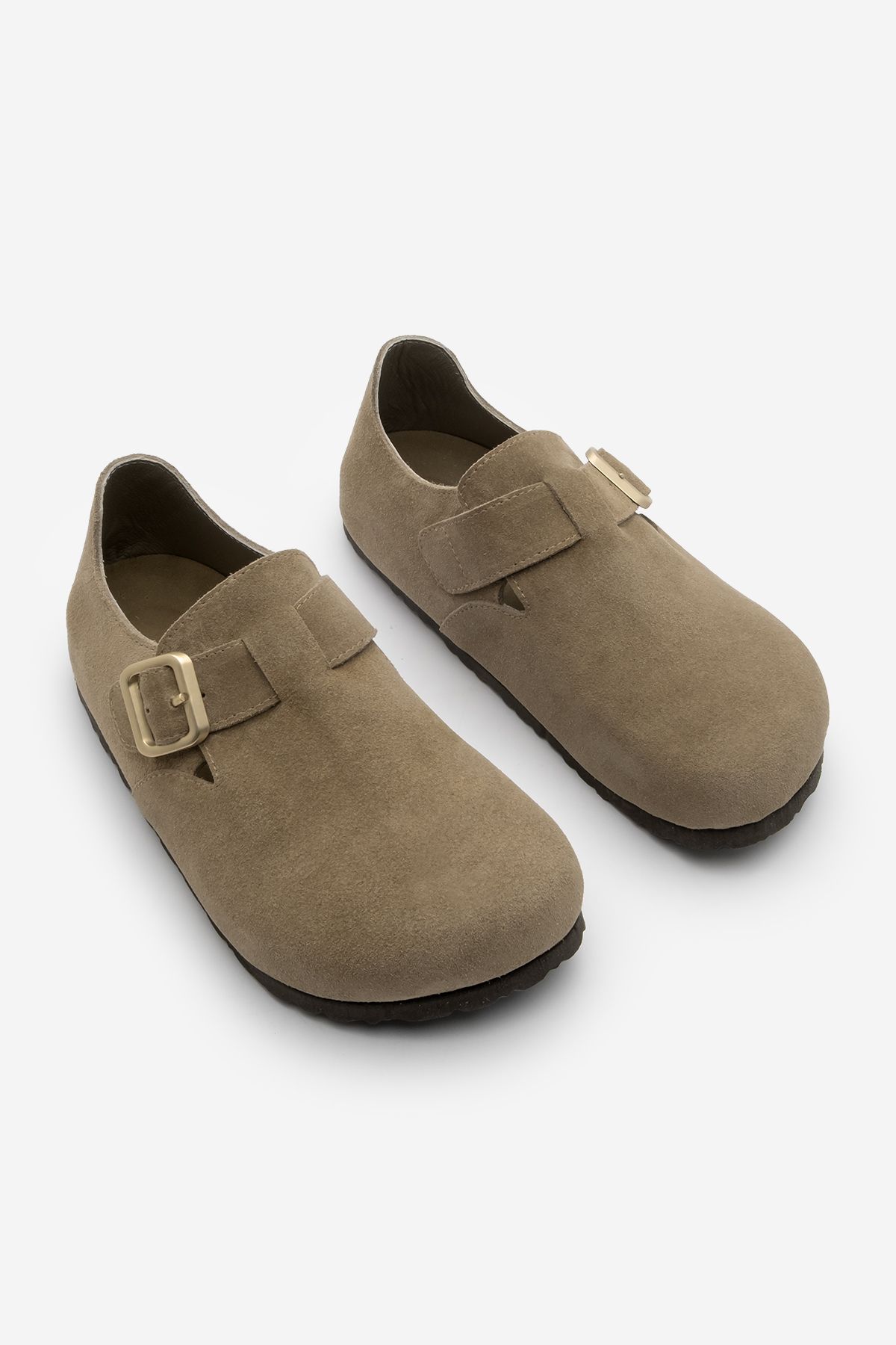 صندل زنانه چرمی واقعی EVA در پشت پایه بسته روزانه SABO OLIVE BEFUN TOPRAK SUEDE Marjin