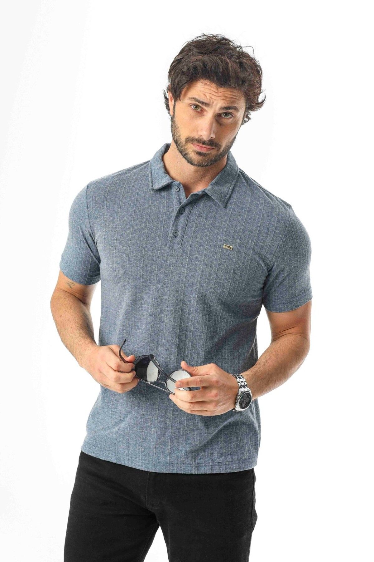 Tony Montana Regular Fit Polo Yaka Düğmeli Armalı Keten T-Shirt-KT-1003