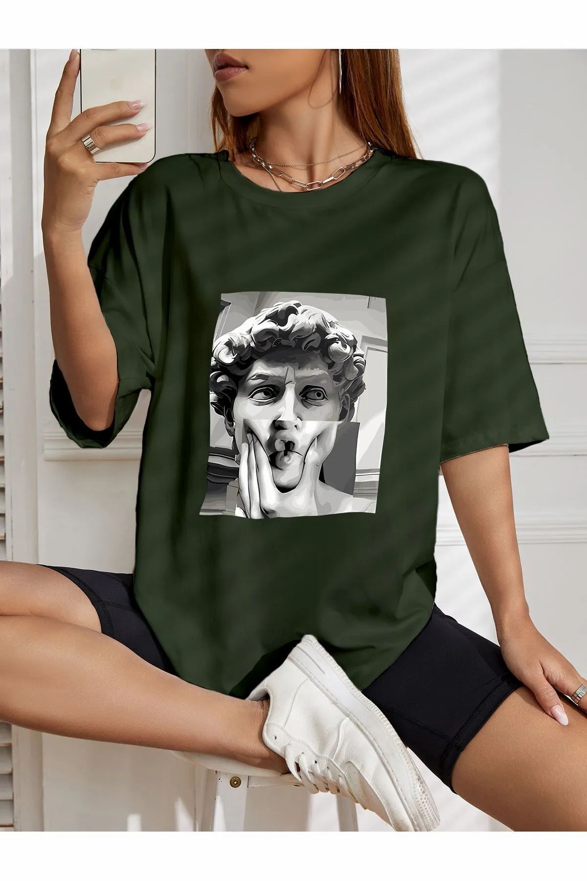 ship master oversize David of Michelangelo baskılı T-shirt