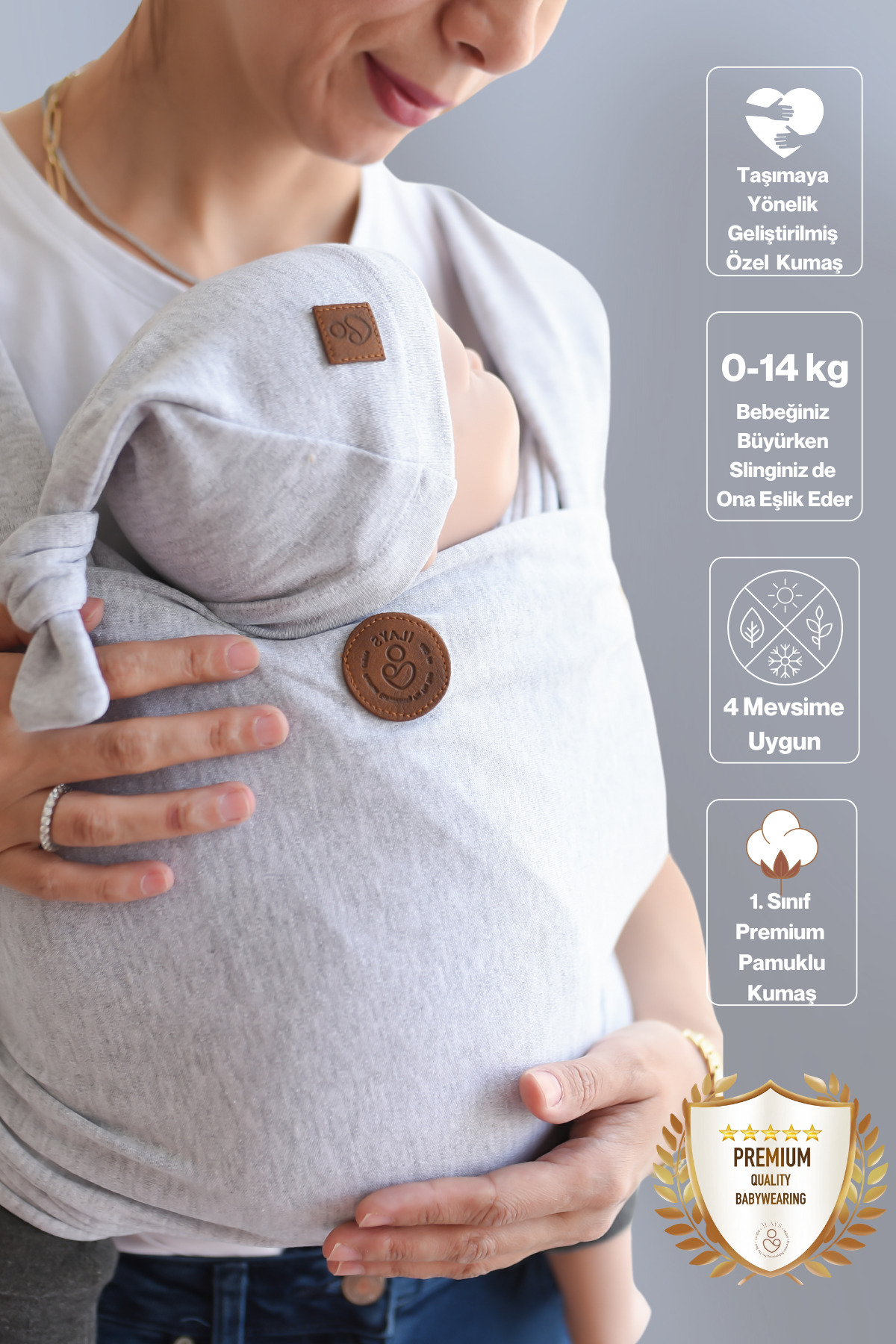 ilays beauty Premium Birinci Sınıf Pamuklu Esnek Wrap Sling Gri (BABYWEARİNGE ÖZEL ÜRETİM KUMAŞ)