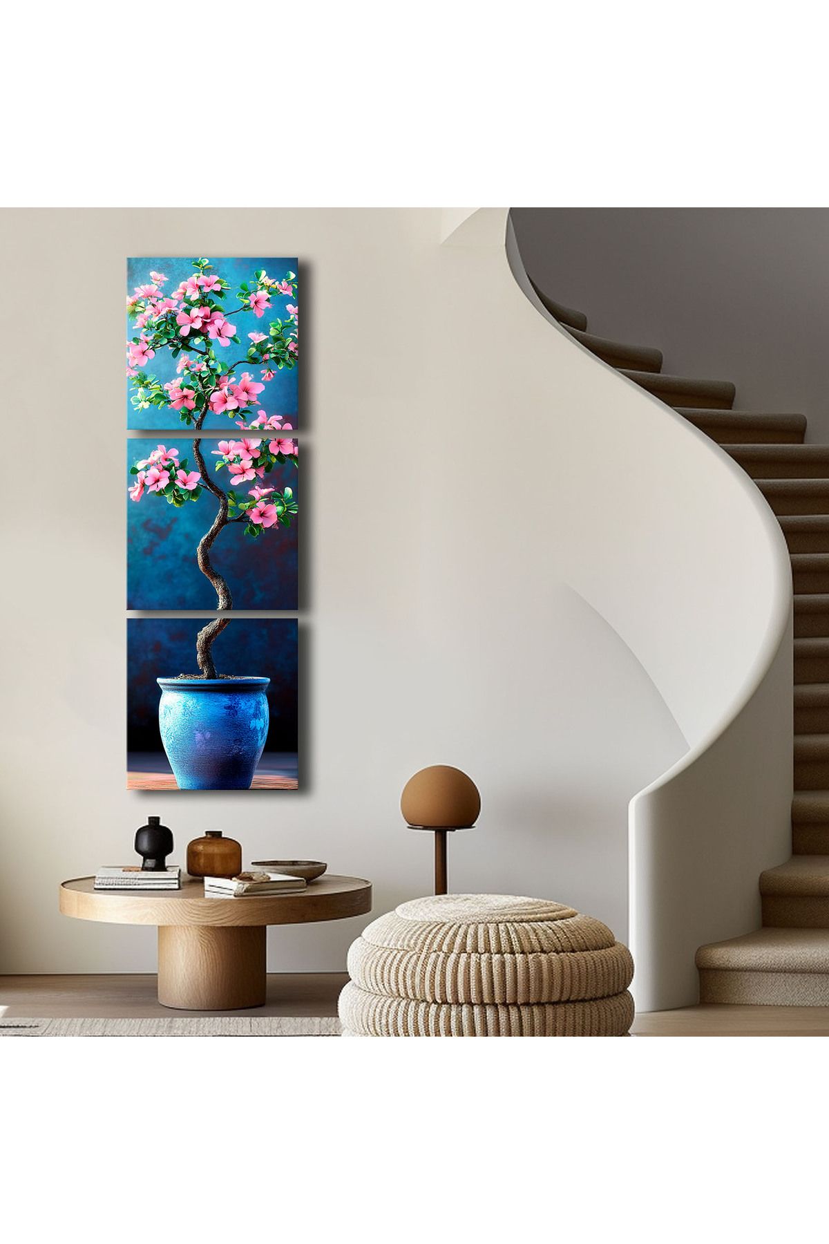 Özgül Grup 3 Parça Dekoratif Canvas Tablo 135x45 cm Pembe Çiçekli Saksı