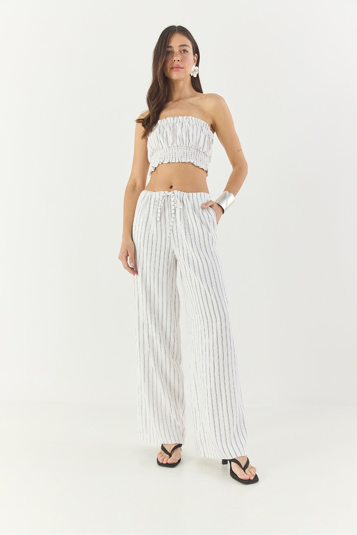 Bianco Lucci-Set de pantaloni largi, cu șnur, cu talie, cu detaliu Gipe, pentru femei, 60283262 2