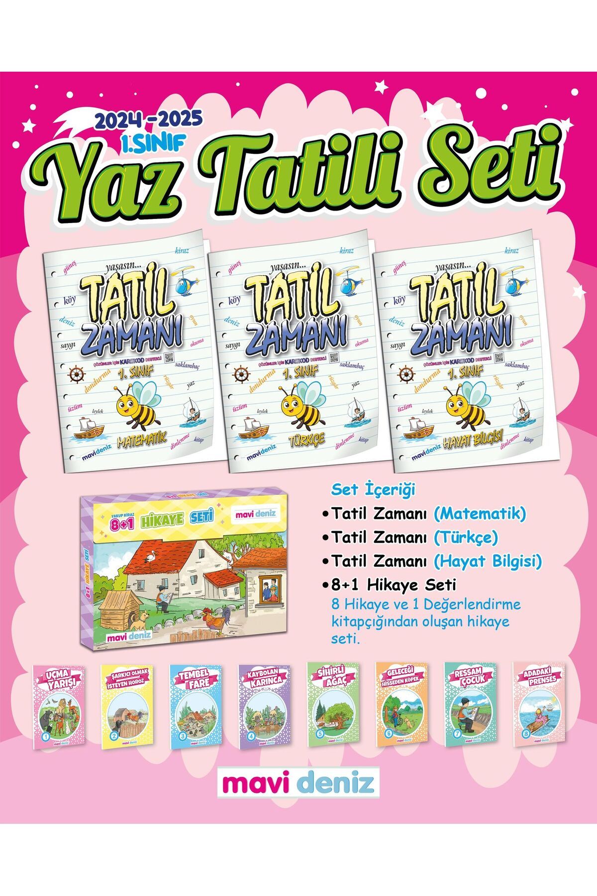 Mavi Deniz Yayınları 1. Sınıf Etkinliklerle Tatil Eğlencesi Yaz Tatil Seti 8'li Hikaye Seti Hediyeli