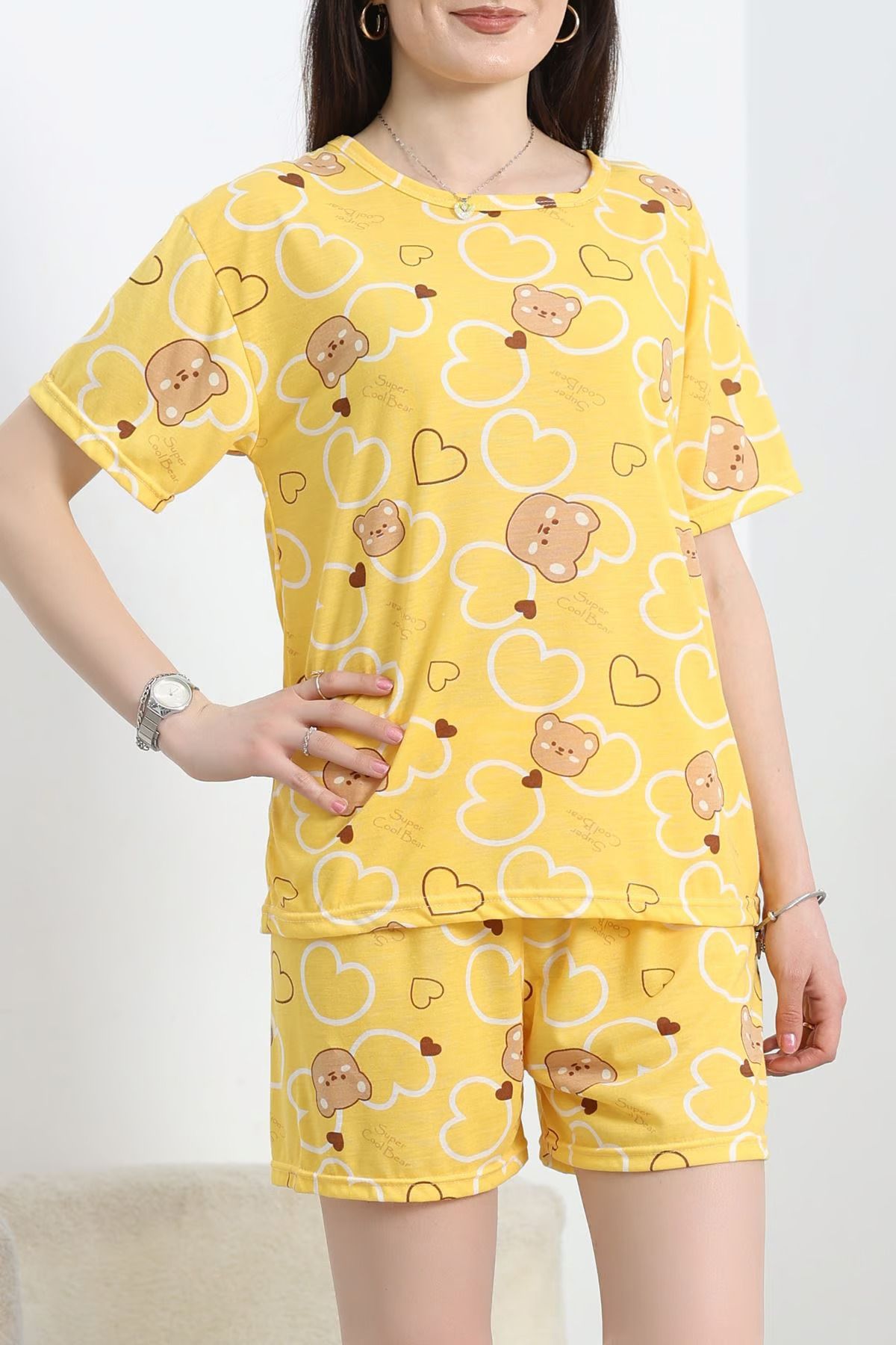 Minoria store Ayı Desenli Sarı Şortlu Pijama Takımı