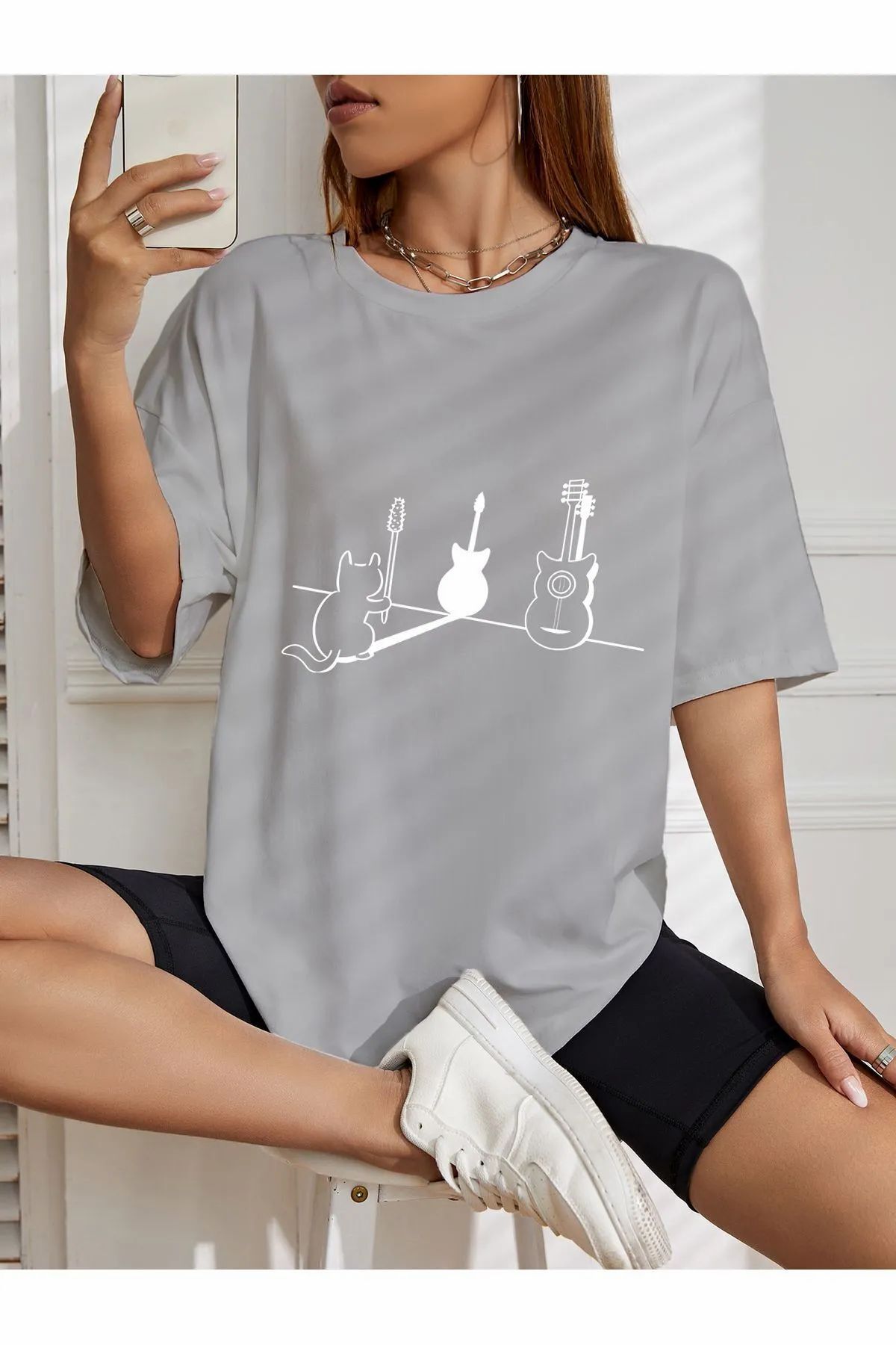 ship master oversize fare ile gitar baskılı T-shirt