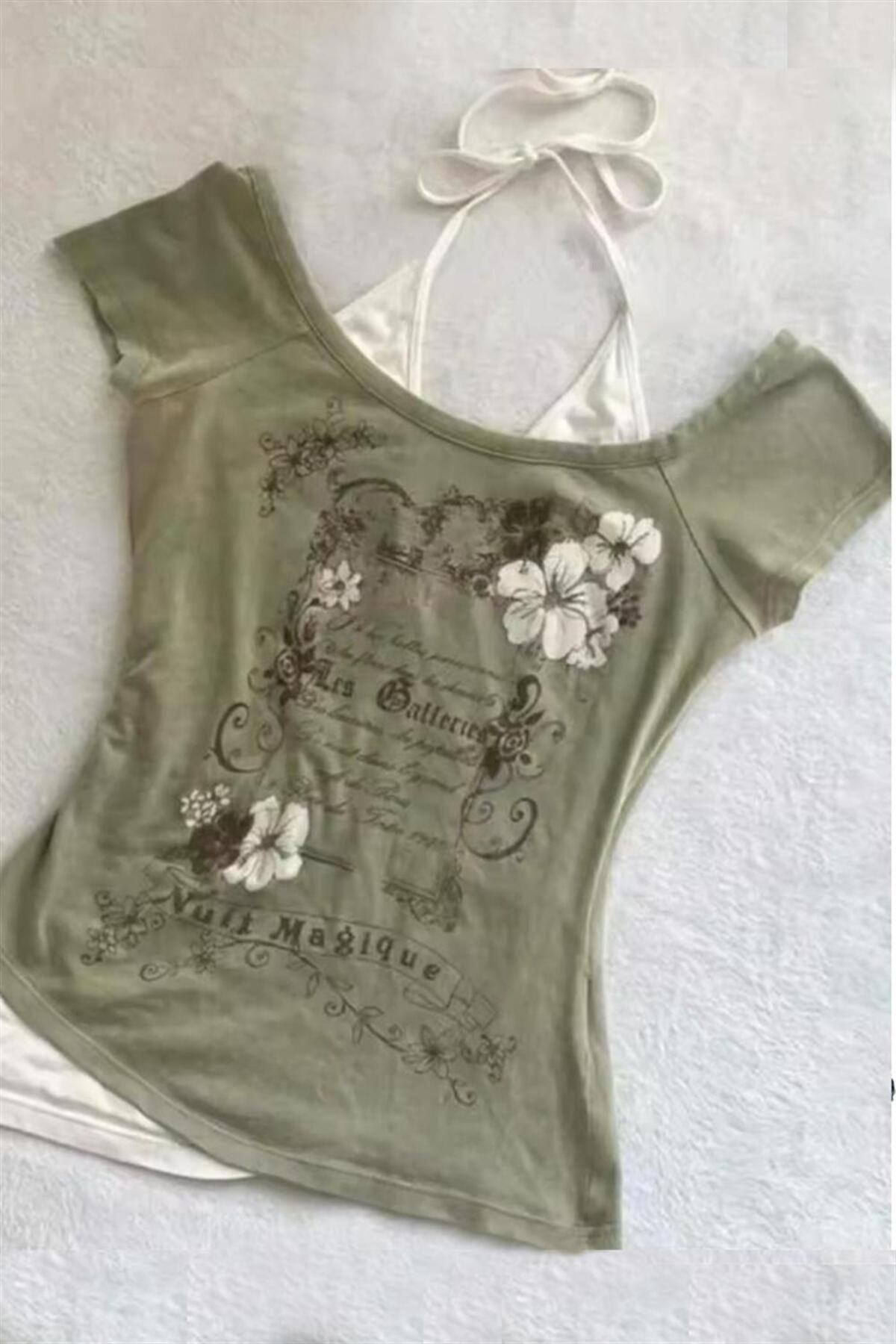Karakedi Haki Nuit Magique Madonna Yaka Ek Askılı Kısa Kollu Full Body Crop