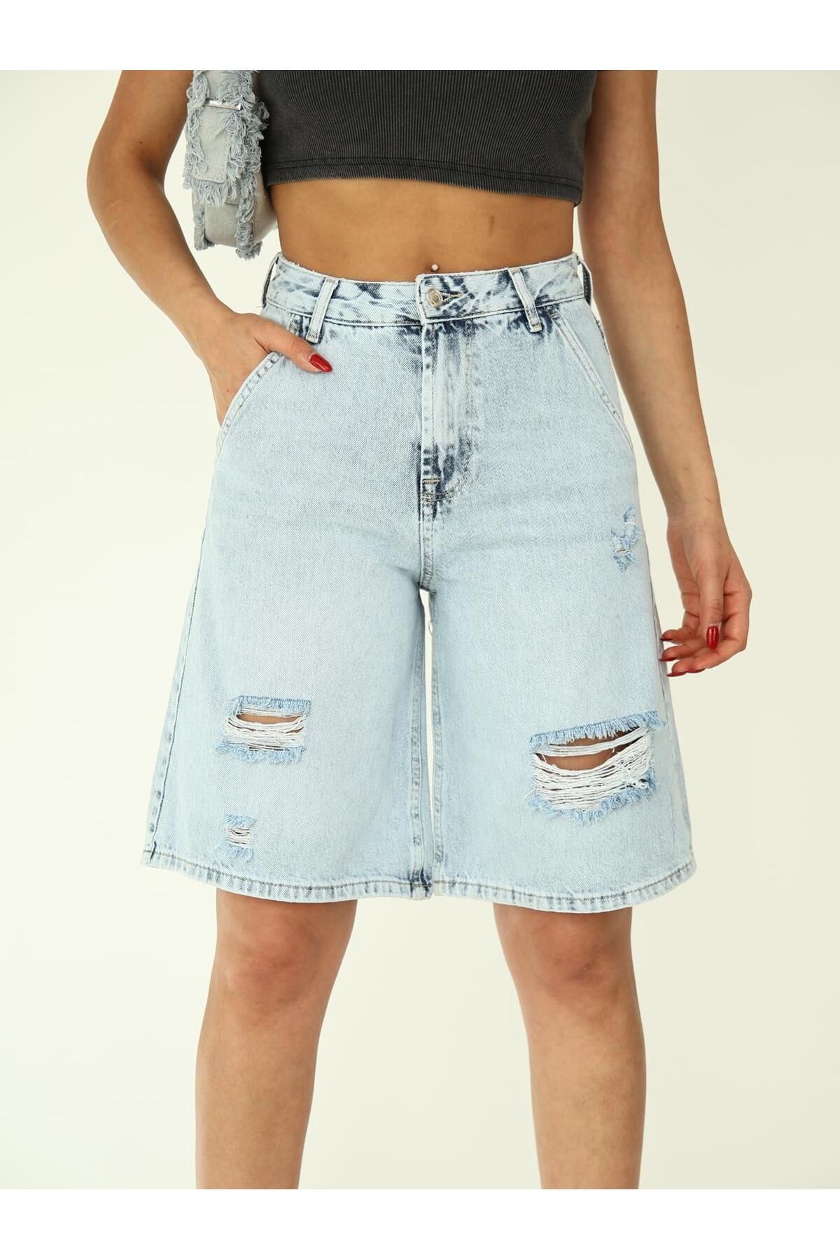 Zeo Basic-Ice Wash Ripped Denim Shorts 6