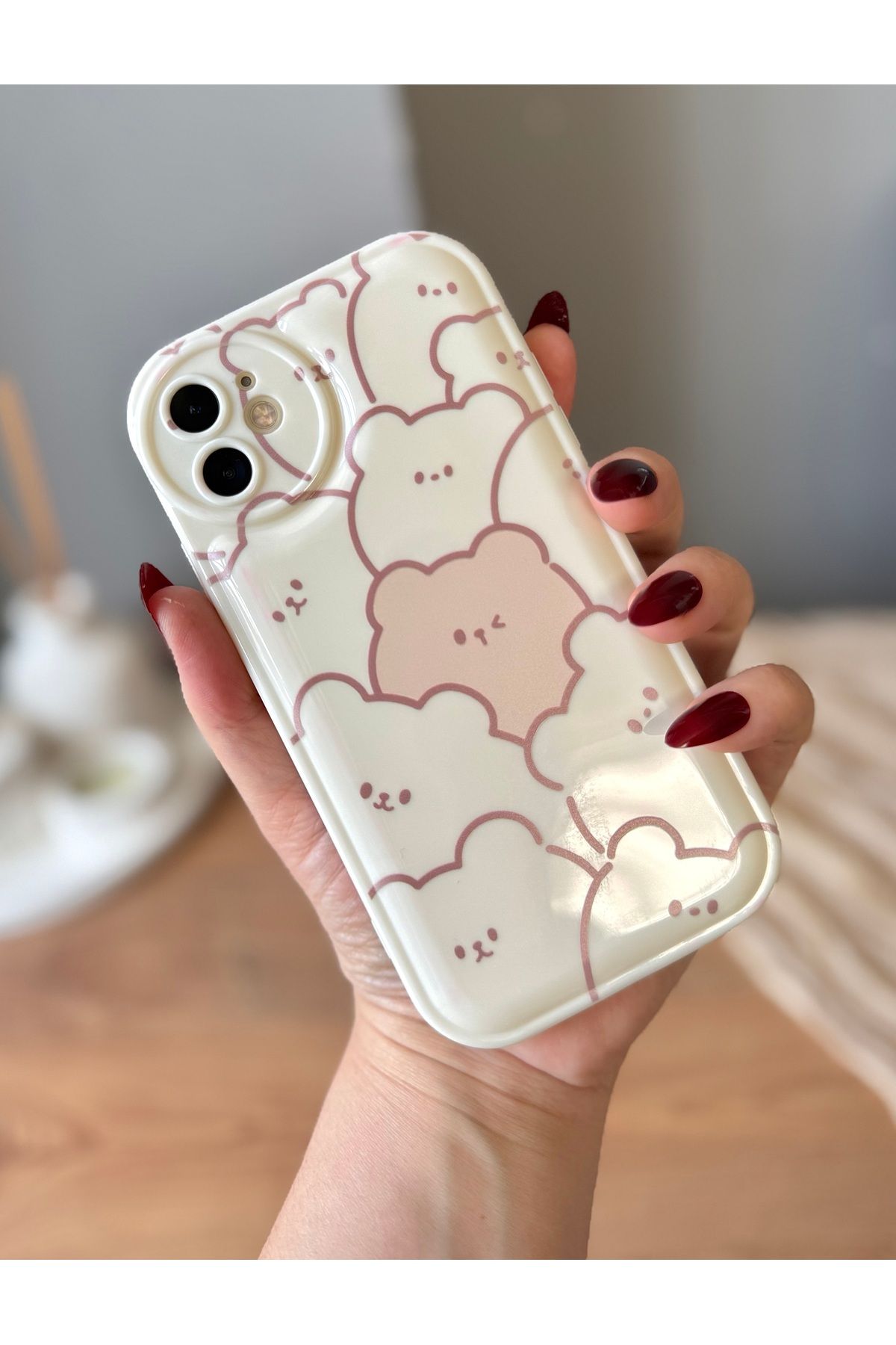 MirazTasarim IPHONE 11 EKRU PARLAK AYICIK DESENLİ KILIF