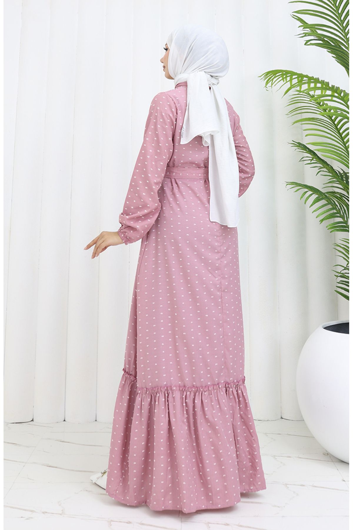 sefamerve-Getrocknetes rosafarbenes Pıtpıt-gemustertes Kleid mit Gürtel – 0383-03 6