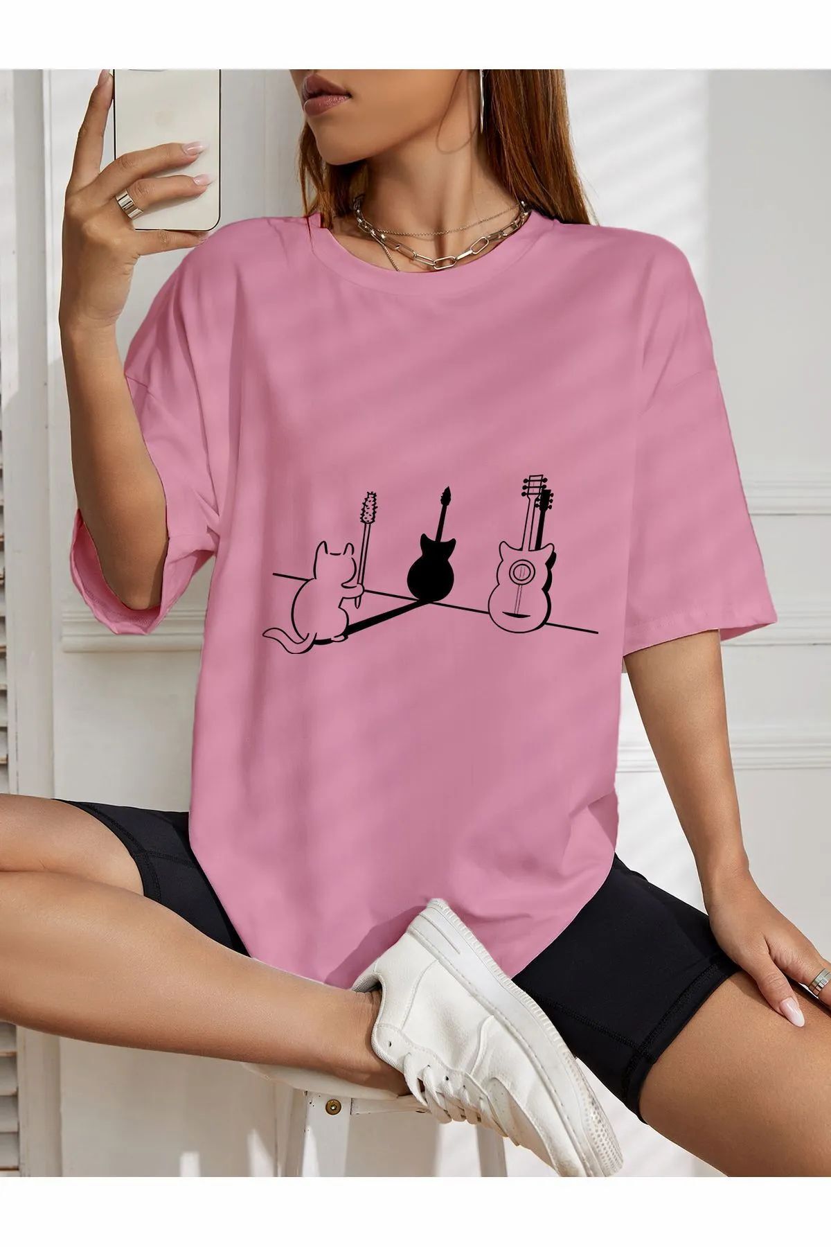 ship master oversize fare ile gitar baskılı T-shirt