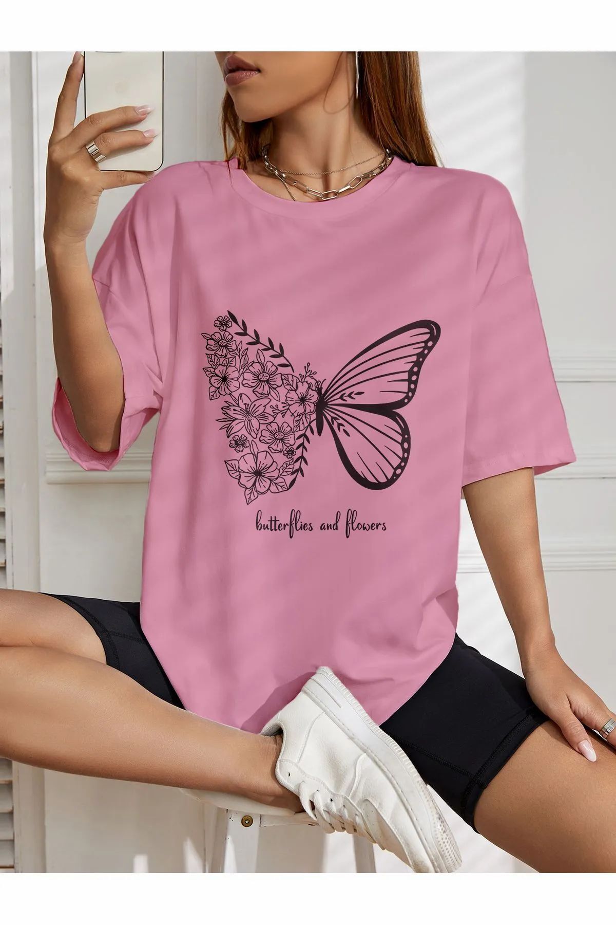 ship master oversize çiçekli kelebek baskılı baskılı T-shirt