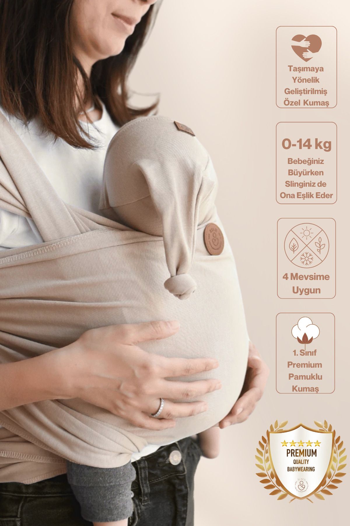 Premium Birinci Sınıf Pamuklu Esnek Wrap Sling Sütlü Kahve (BABYWEARİNGE ÖZEL ÜRETİM KUMAŞ)