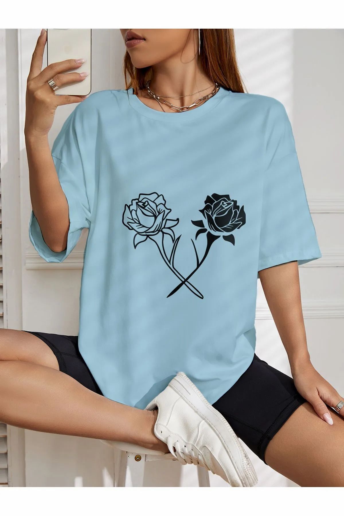 ship master oversize beyaz siyah çiçek baskılı T-shirt