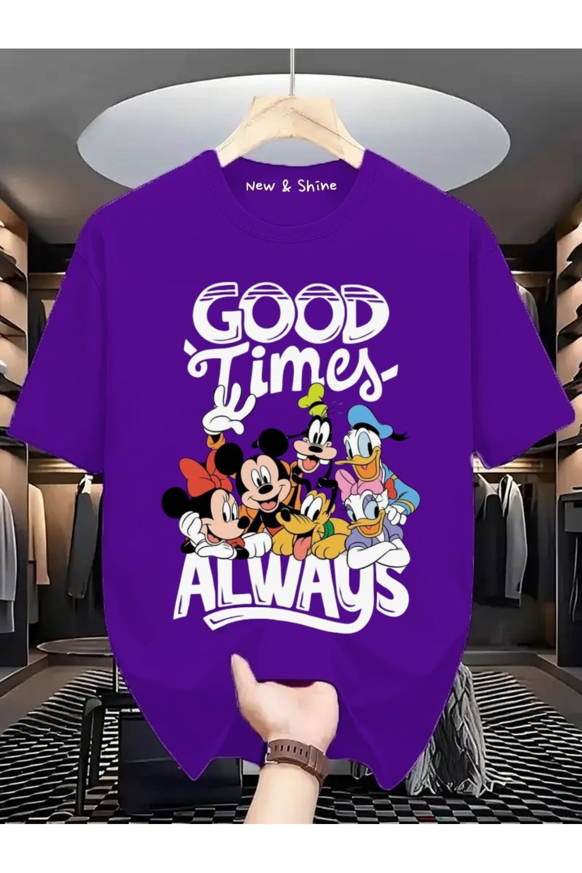 New Shine Good Time Always Mickey Baskılı Büyük Beden Oversize T-Shirt