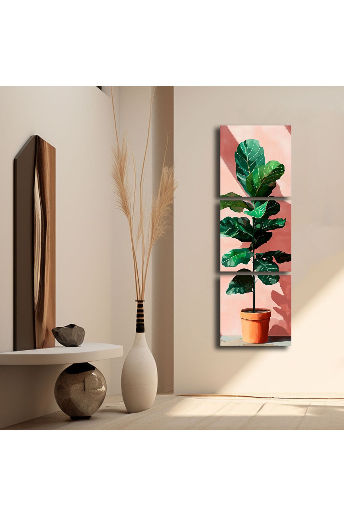 Özgül Grup 3 Parça Dekoratif Canvas Tablo 135x45 cm İri Yeşil Yapraklı Saksı Çiçeği