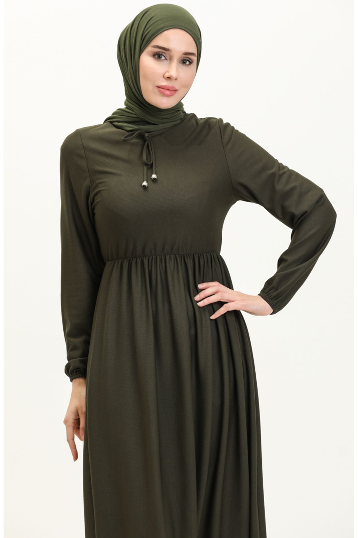 sefamerve-Khakifarbenes Kleid mit Kordelzug an der Taille – 0575-01 3