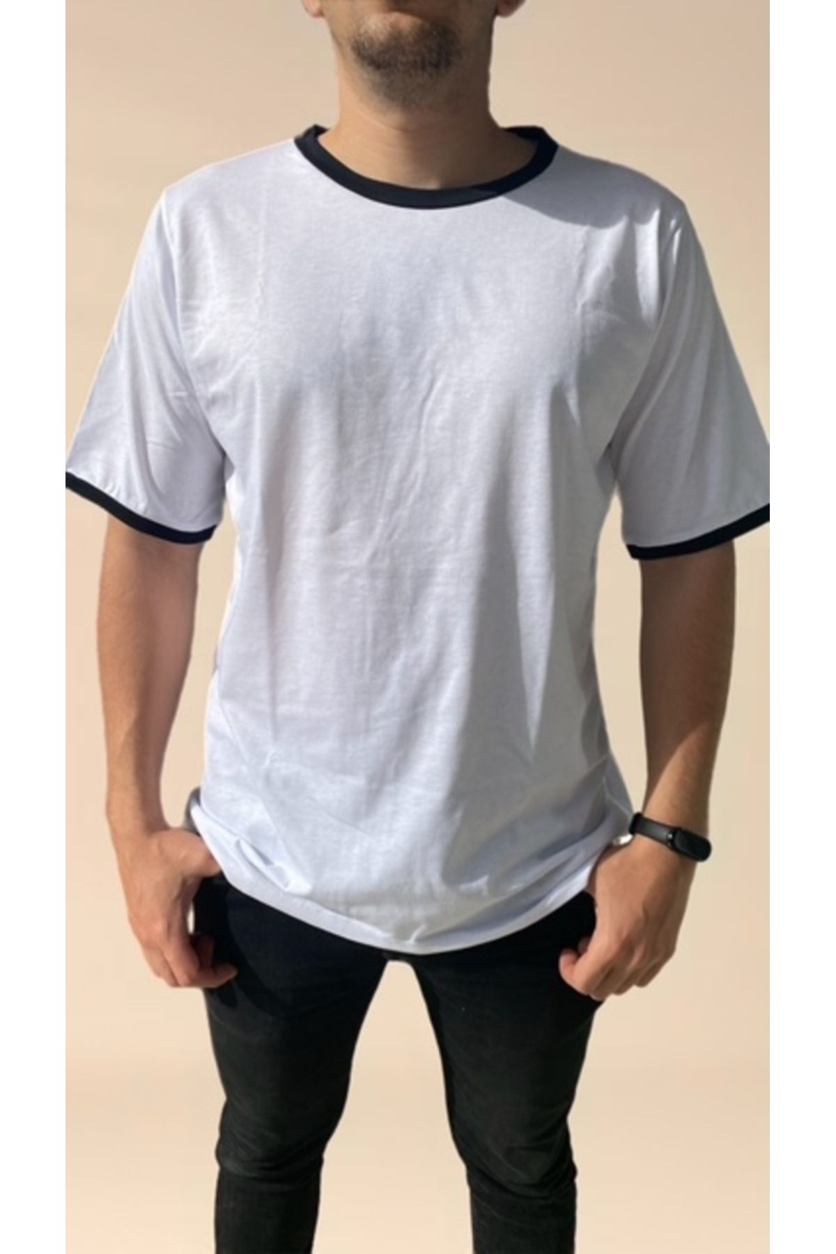 ORTAKÇA Siyah Biyeli Beyaz Düz T-shirt