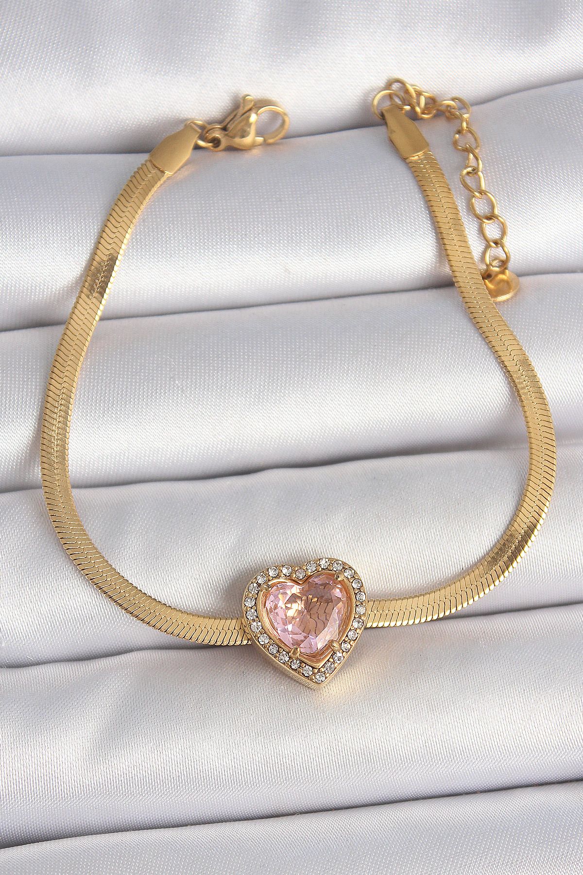 seZZeon 316L Çelik Gold Renk İtalyan Zincir Pembe Zirkon Taşlı Kalp Model Kadın Bileklik