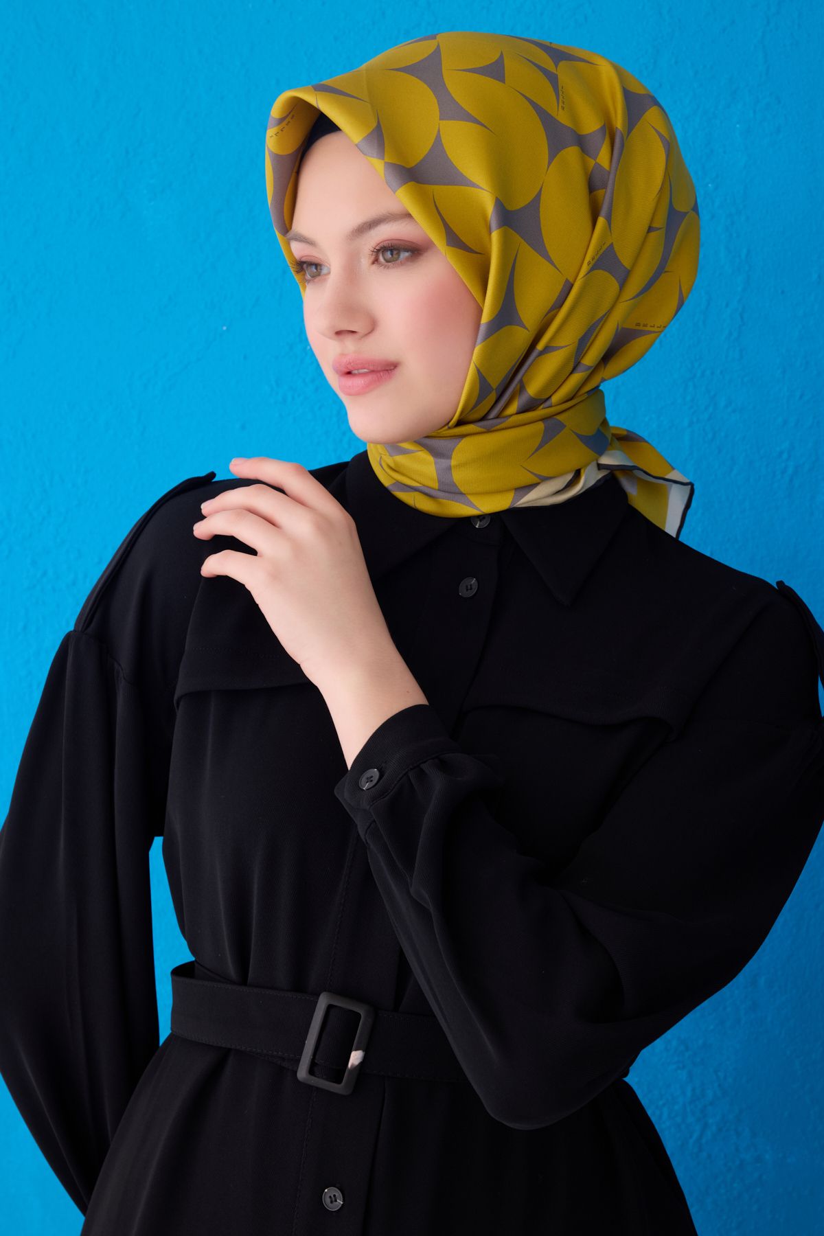 Belli Twill İpek Eşarp Sarı, Gri 4117-33