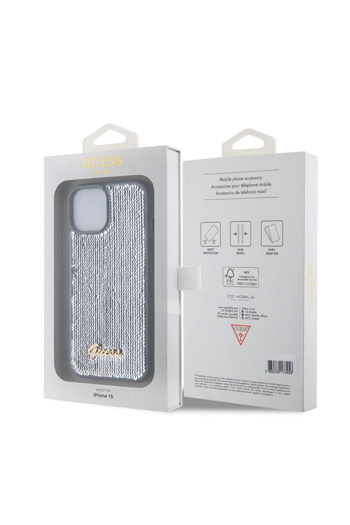 Guess-Case for IPhone 15, Sequin Script Metal, Guess - Silver 6