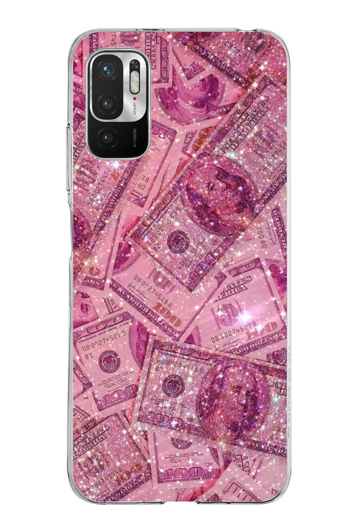 TechTree Redmi Note 10 5G Uyumlu Pembe Işıltılı Dolarlar Şeffaf Silikon Kılıf