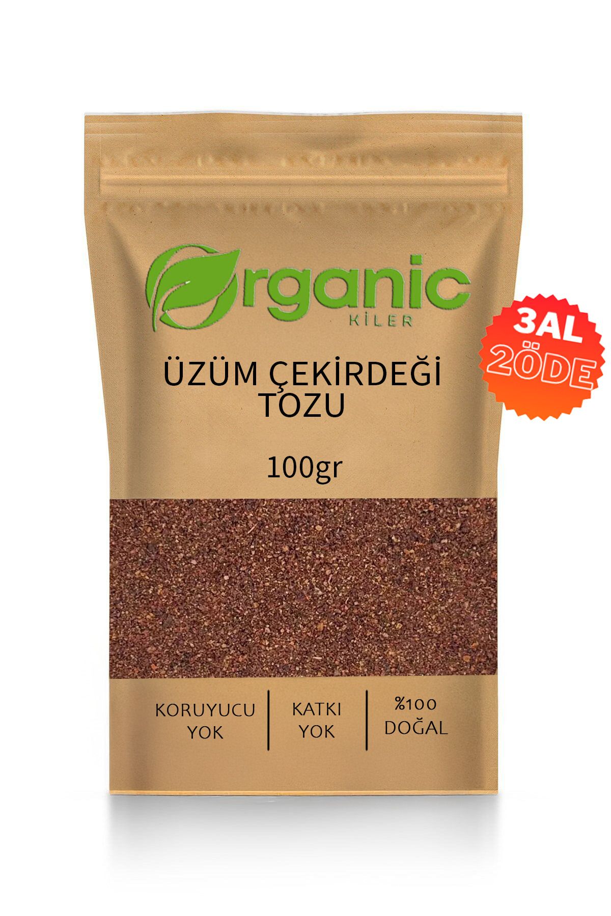 Organic Kiler Üzüm Çekirdeği Tozu 100gr. İnce Öğütülmüş & Elenmiş, Katkı Madde İçermez