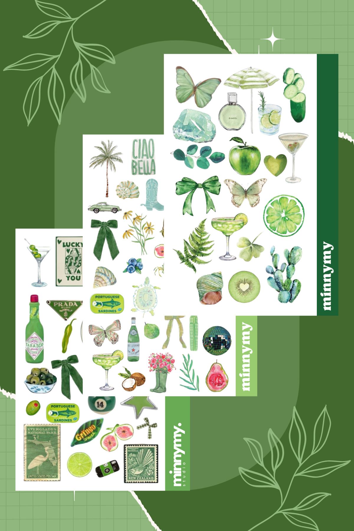 Minnymy 3'lü Green Collection Retro Sticker, Çıkartma, Ajanda, Günlük, Planlayıcı, Bullet Journal ,Scrapbook