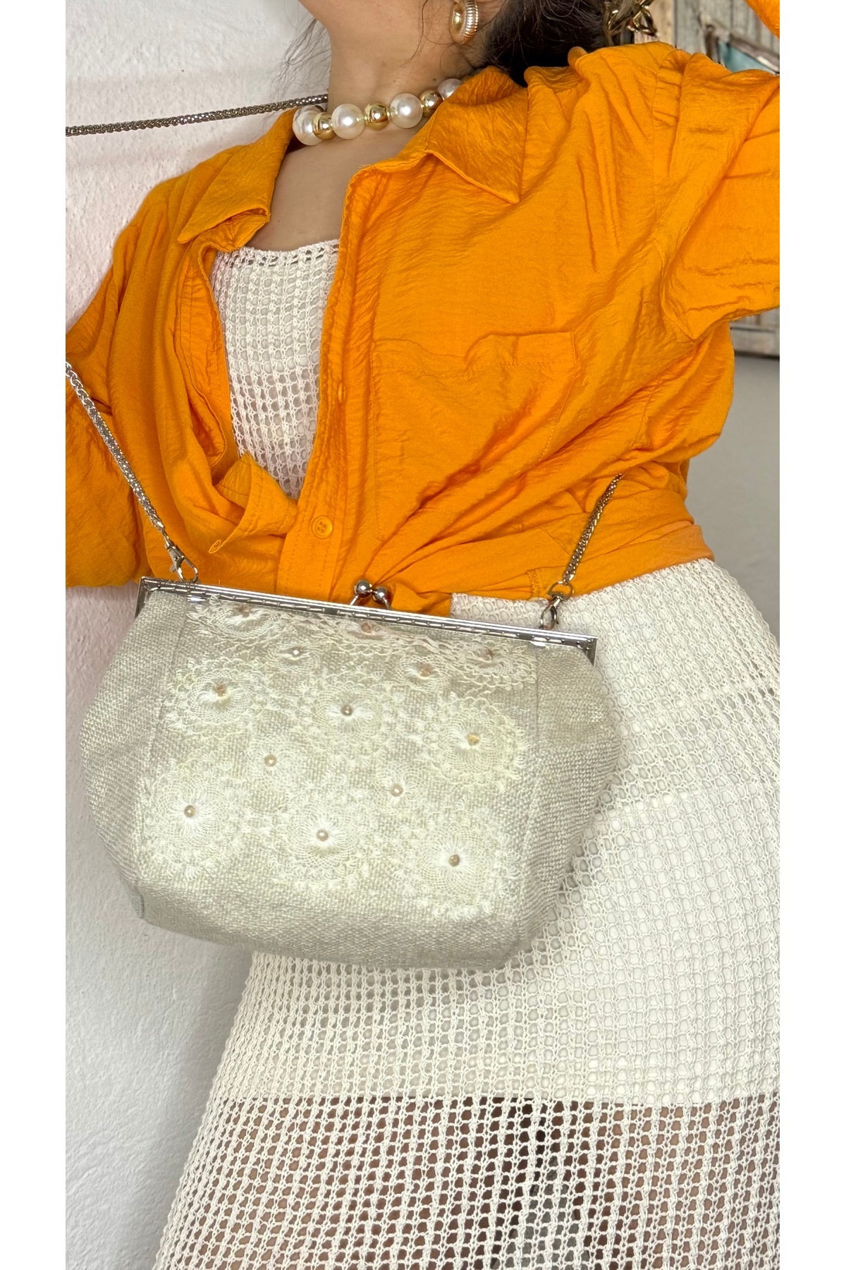 Tuvita Collection Bodrum-Linen Fabric and Needlepoint Embroidered Handmade Crystal Bead Detailed Beige Ecru Women's Messenger Bag 6