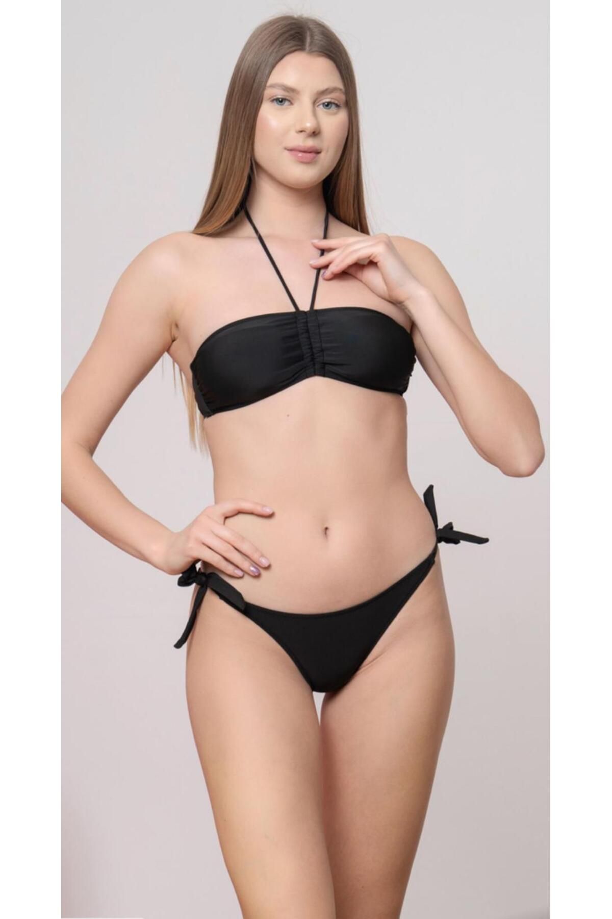 FUNELLA Siyah Straplez Yeni Sezon Şık Üçgen Kadın Bikini Takımı