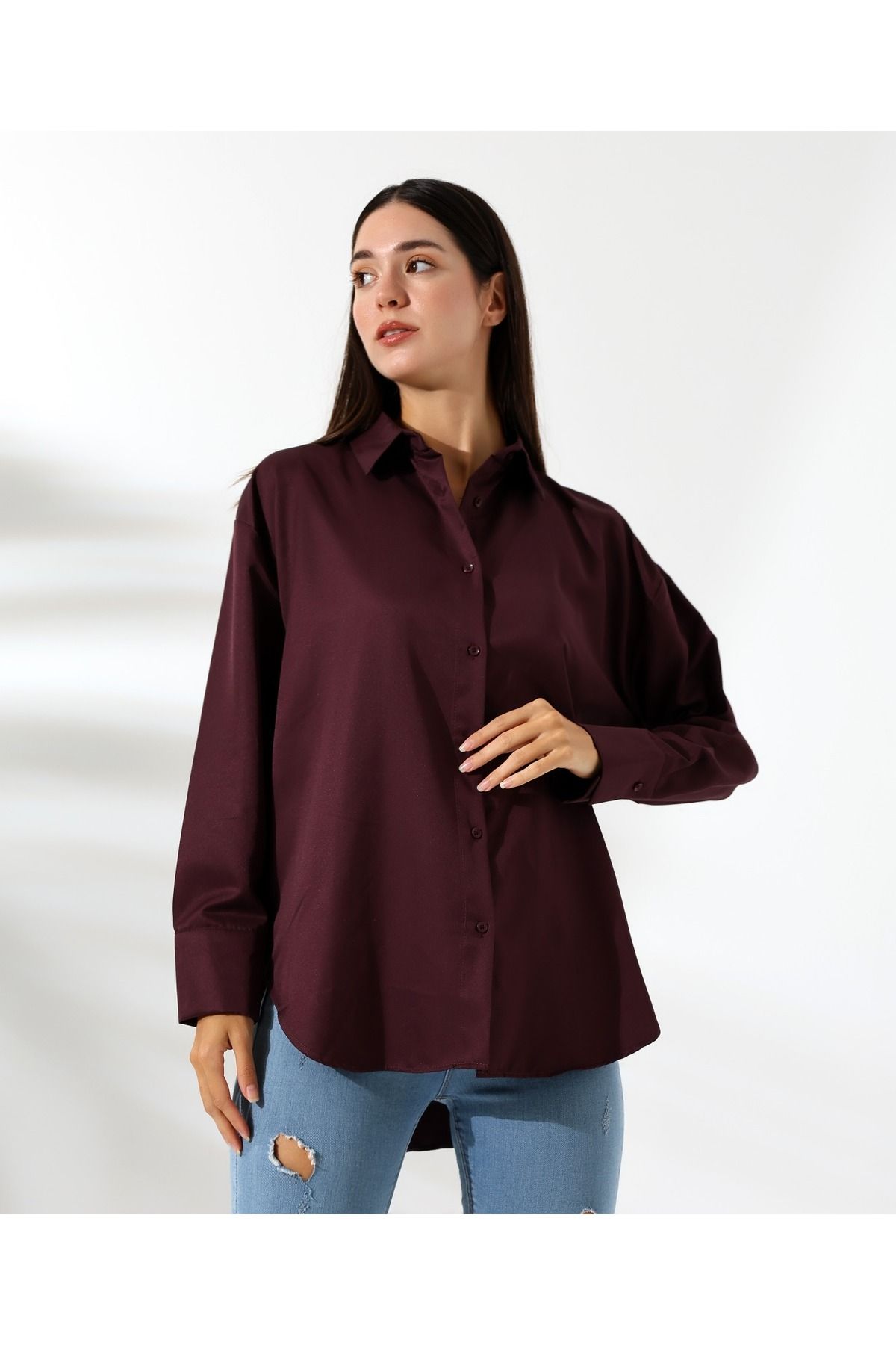 IVRESSE Oversize Mikro Saten Dökümlü Bordo Kadın Gömlek