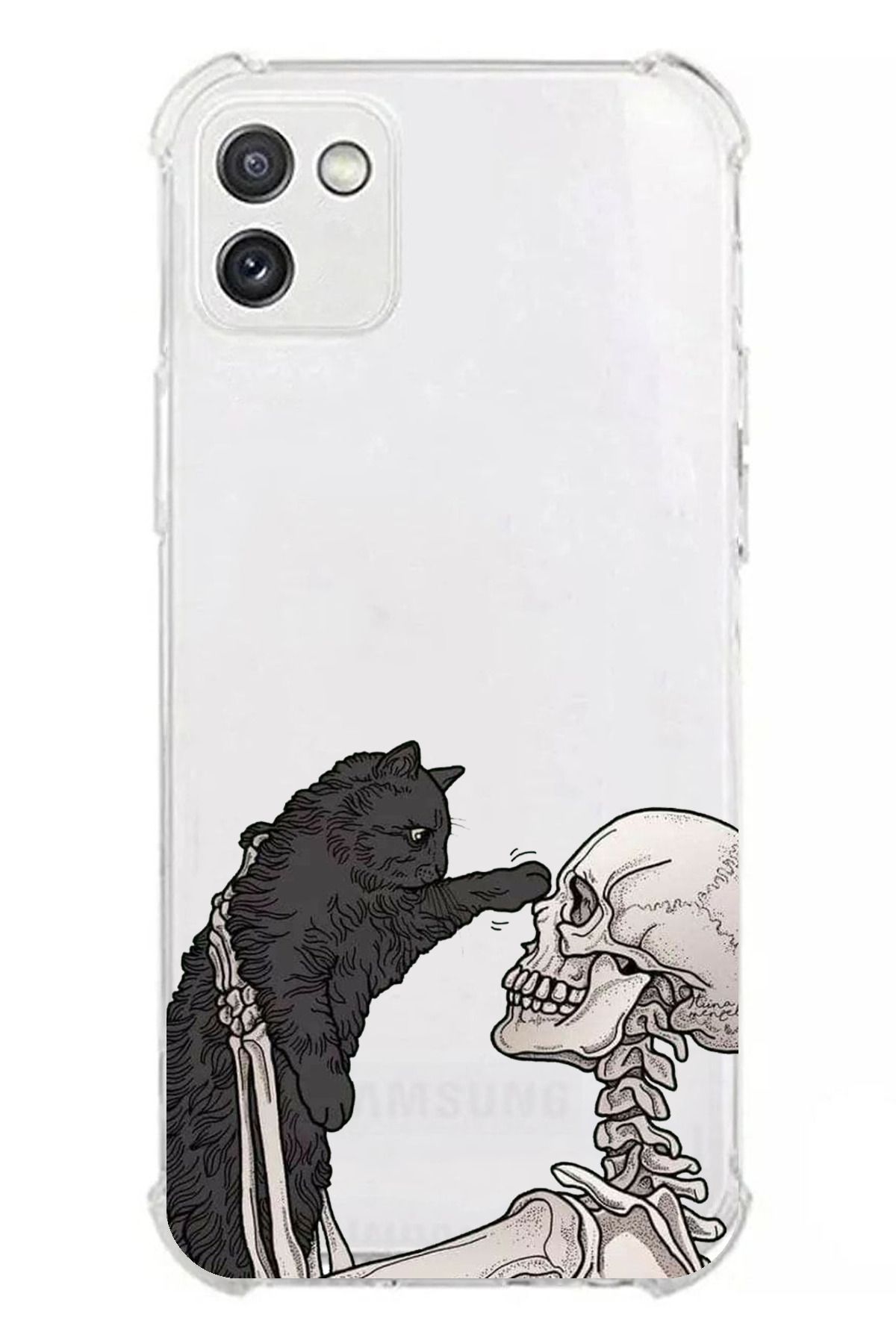 TechTree Galaxy A03 Uyumlu İskelet ve Kara Kedi Tasarımlı Şeffaf Silikon Kılıf