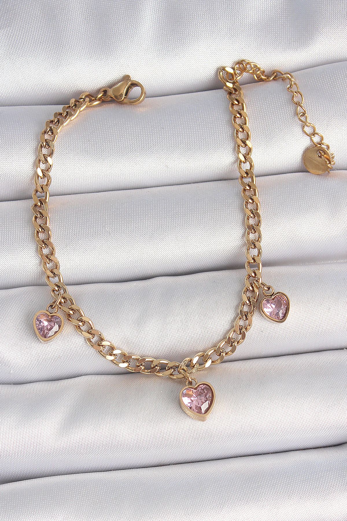 seZZeon 316L Çelik Gold Renk Zincir Sallantı Pembe Zirkon Taşlı Kalp Model Kadın Bileklik