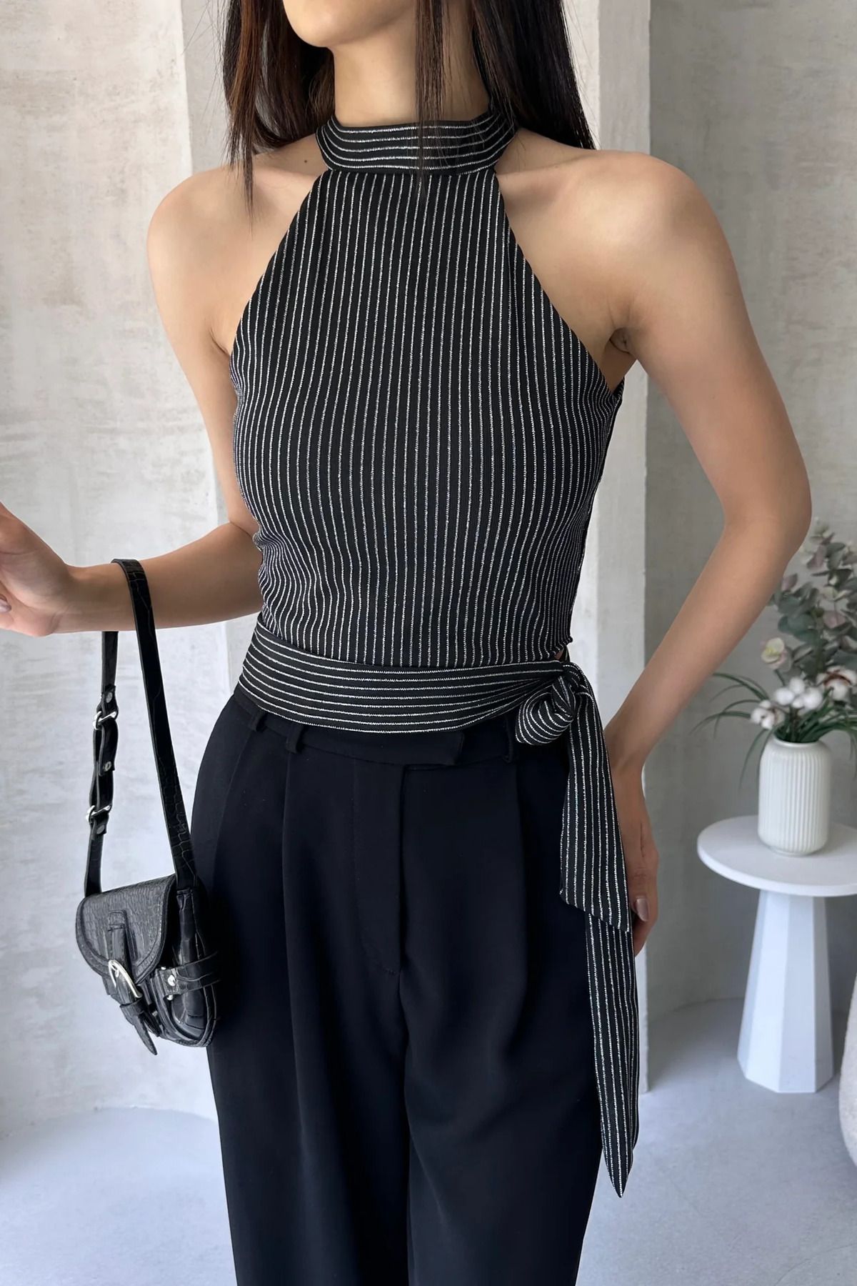 DENİKK Df2192 Çizgili Beli Kuşak Detaylı Halter kadın Bluz