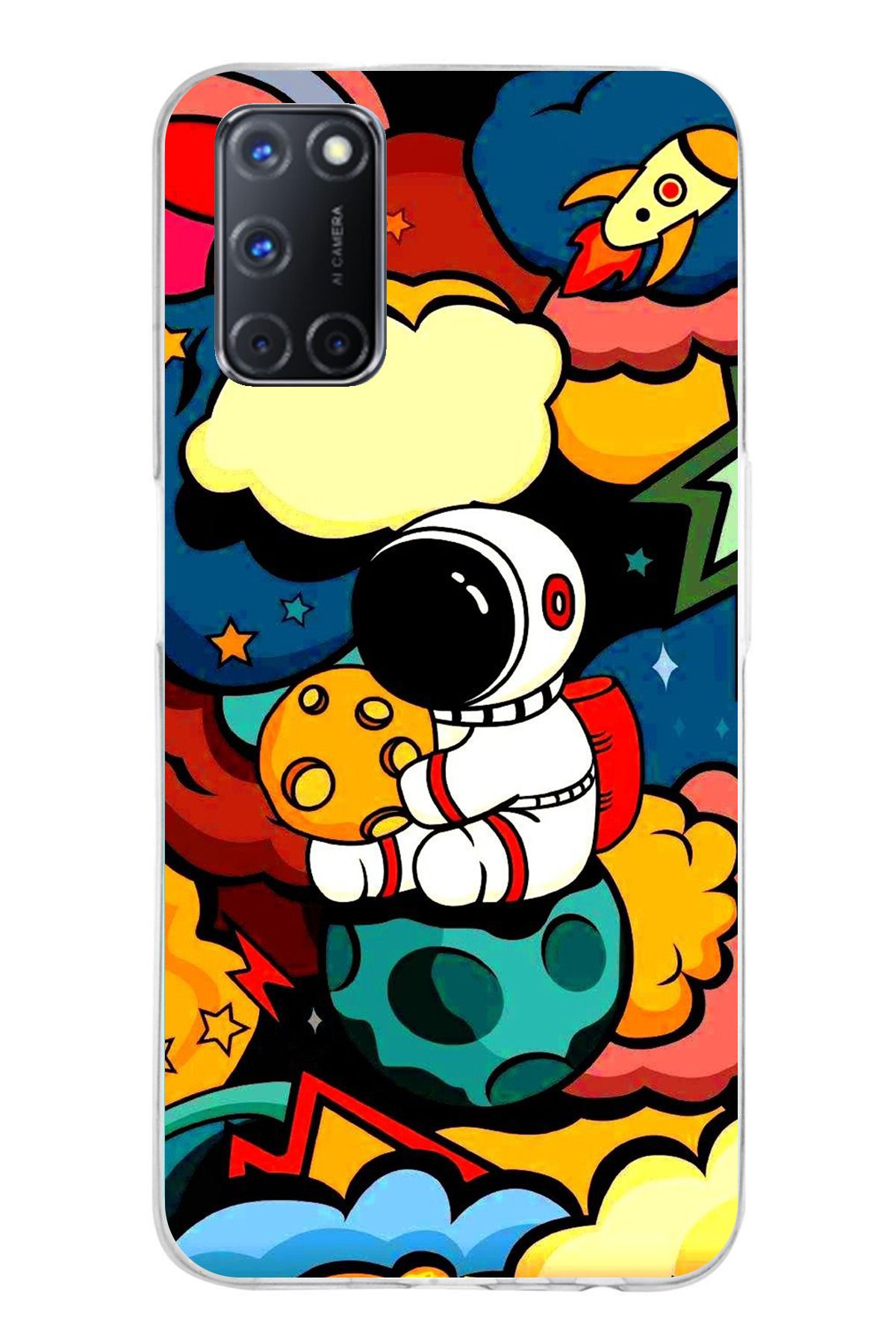 TechTree OPPO A52 - A72 - A92 Uyumlu Renkli Astronot Tasarımlı Şeffaf Silikon Kılıf