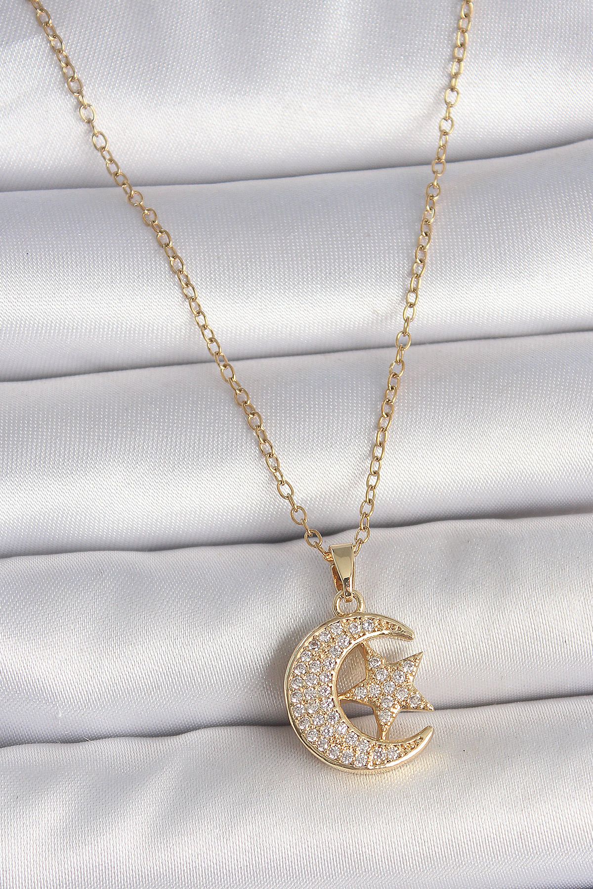 seZZeon 316L Çelik Gold Renk Zincir Zirkon Taşlı Ay Yıldız Model Kadın Kolye