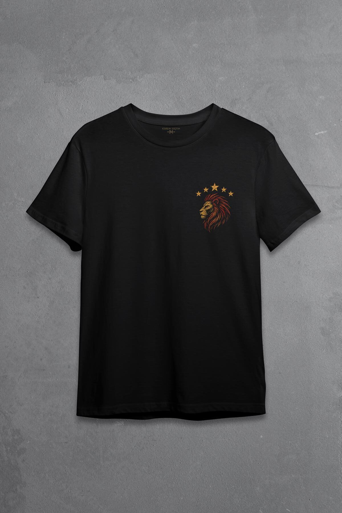 Kendim Seçtim Minimal Baskılı T-shirt Beş Yıldız Aslan Sarı Kırmızı 5 Yıldız Unisex Siyah Tişört