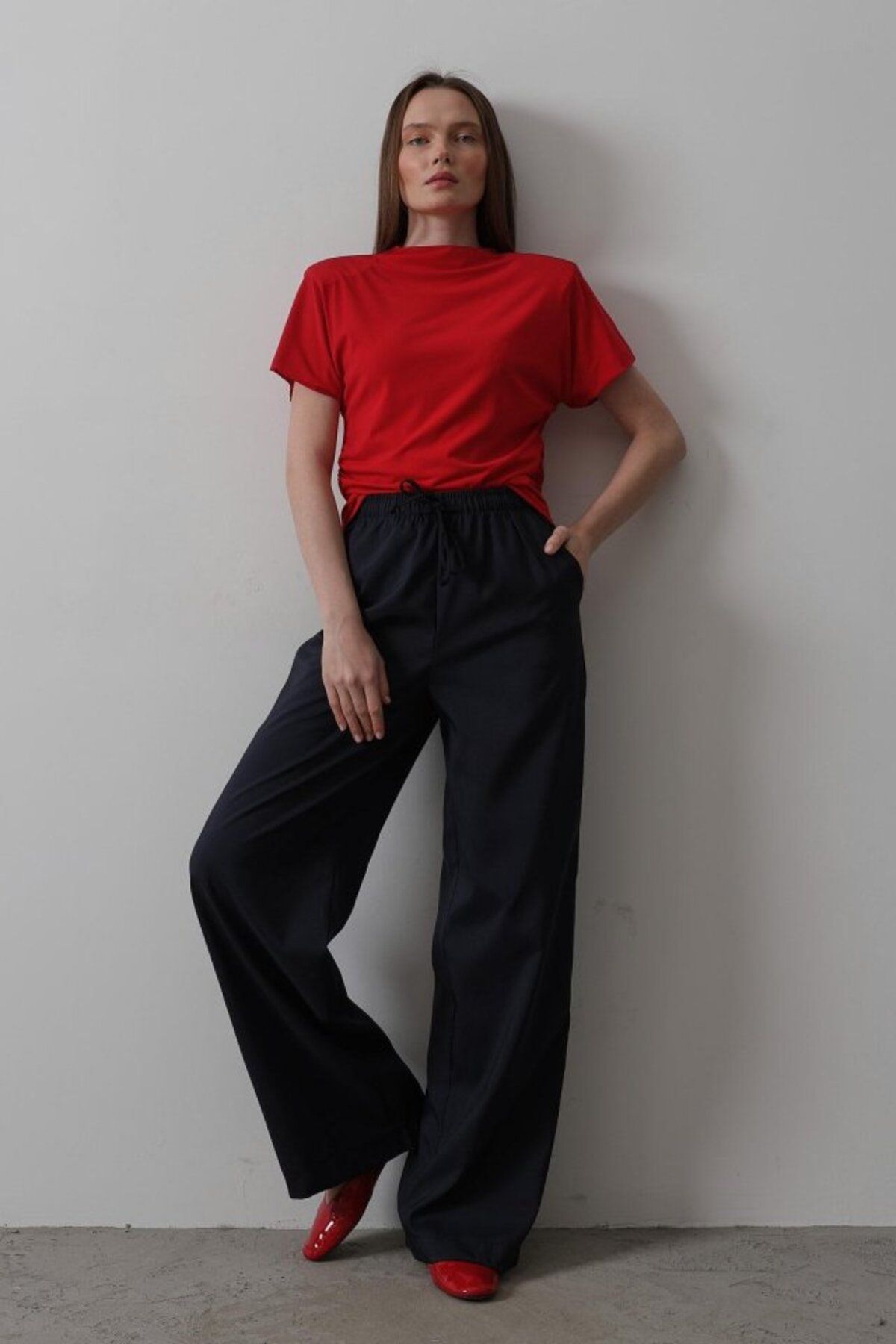 VELİZADE Yüksek Bel Esnek Konfor Modeli Beli Lastikli Geniş Bol Paça Wide Leg Lacivert Palazzo Pantolon