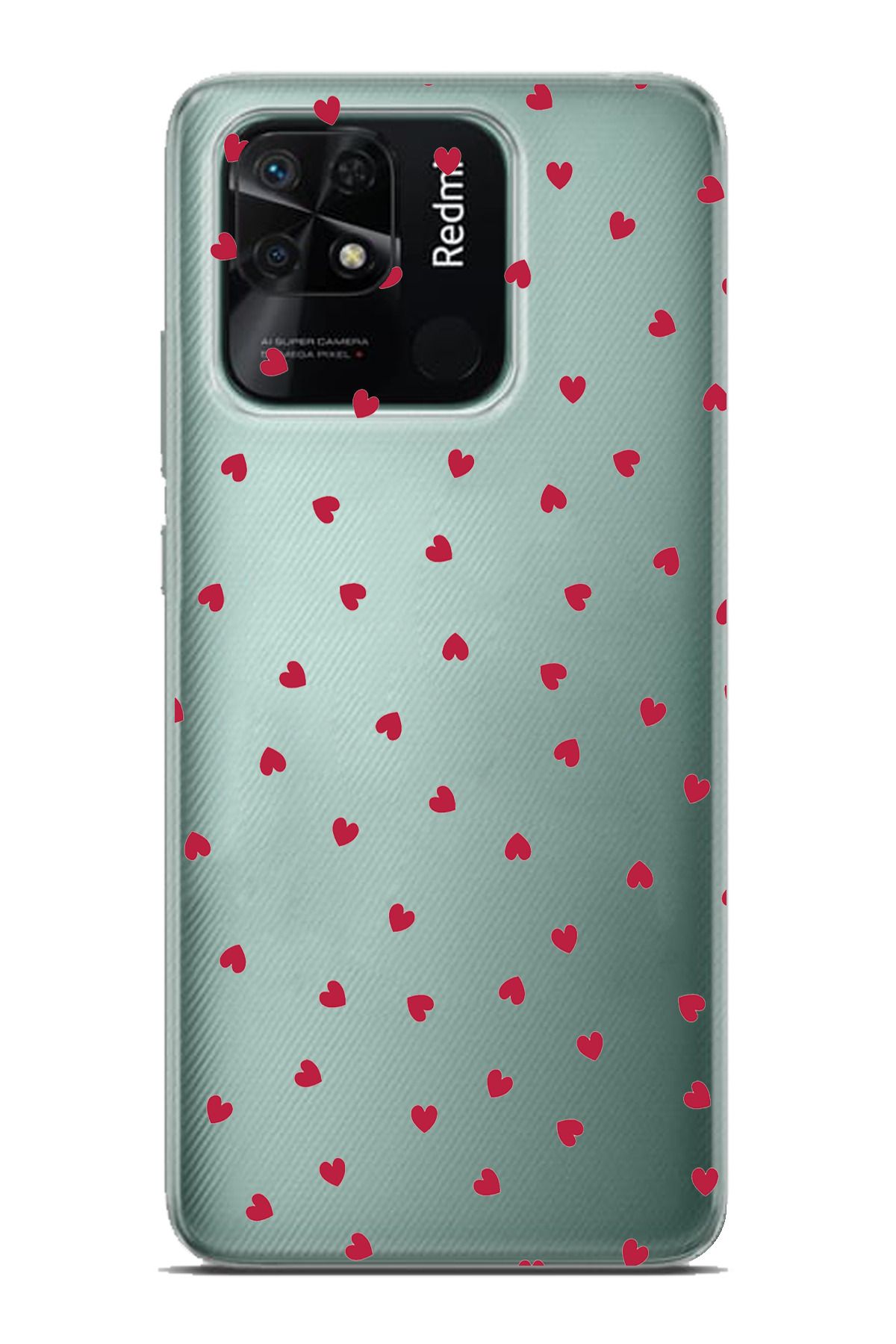 TechTree Redmi 10C - POCO C40 Uyumlu Kırmızı Kalpler Tasarımlı Şeffaf Silikon Kılıf