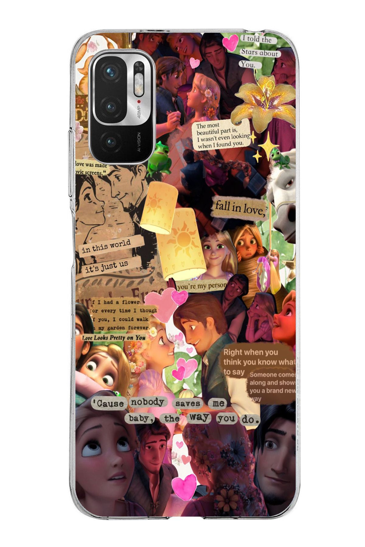 TechTree Redmi Note 10 5G Uyumlu Rapunzel Tangled Çıkartma Kolaj Tasarımlı Şeffaf Silikon Kılıf