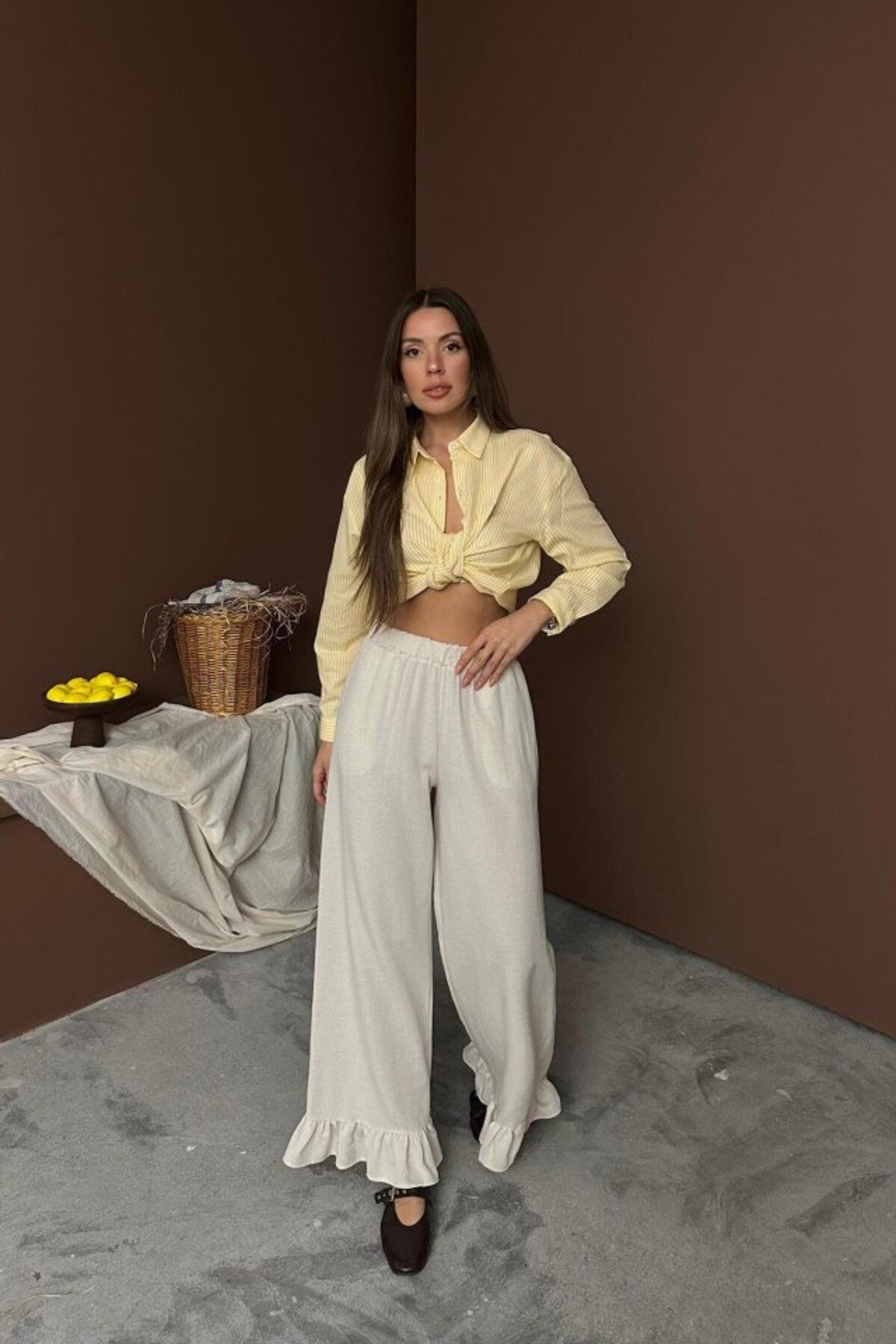 VELİZADE Yüksek Bel Konfor Modeli Paçası Fırfırlı Volan Detay Geniş Paça Ham Keten Wide Leg Palazzo Pantolon